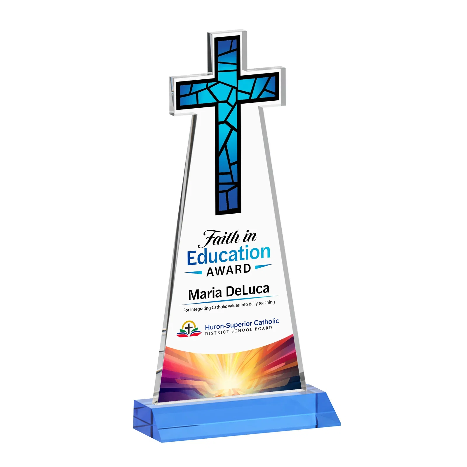 Custom Starfire Crystal Cut-Out Cross Award on Front-Mitered Base, with your logo for employee recognition