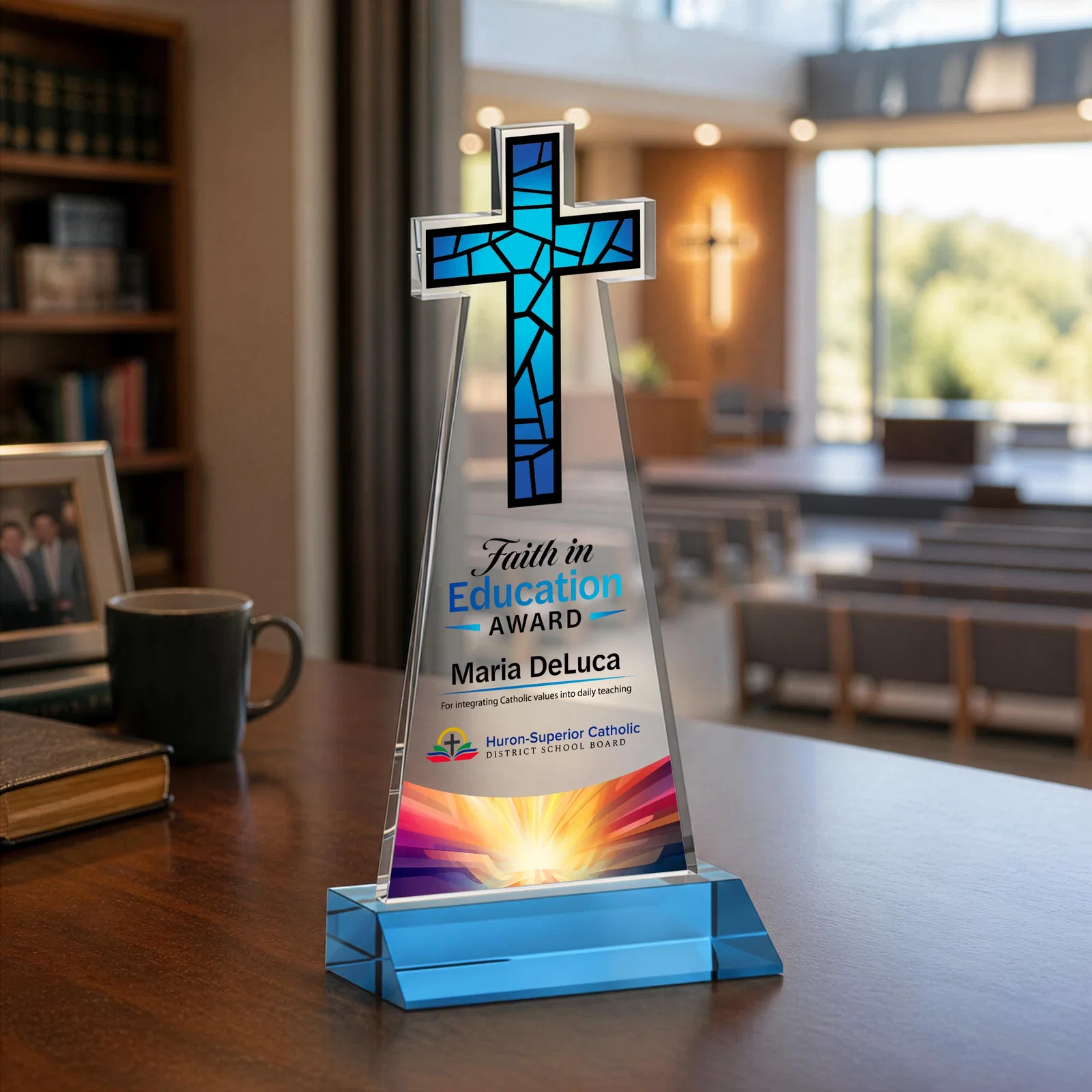 Custom Starfire Crystal Cut-Out Cross Award on Front-Mitered Base, with your logo for corporate award ceremonies