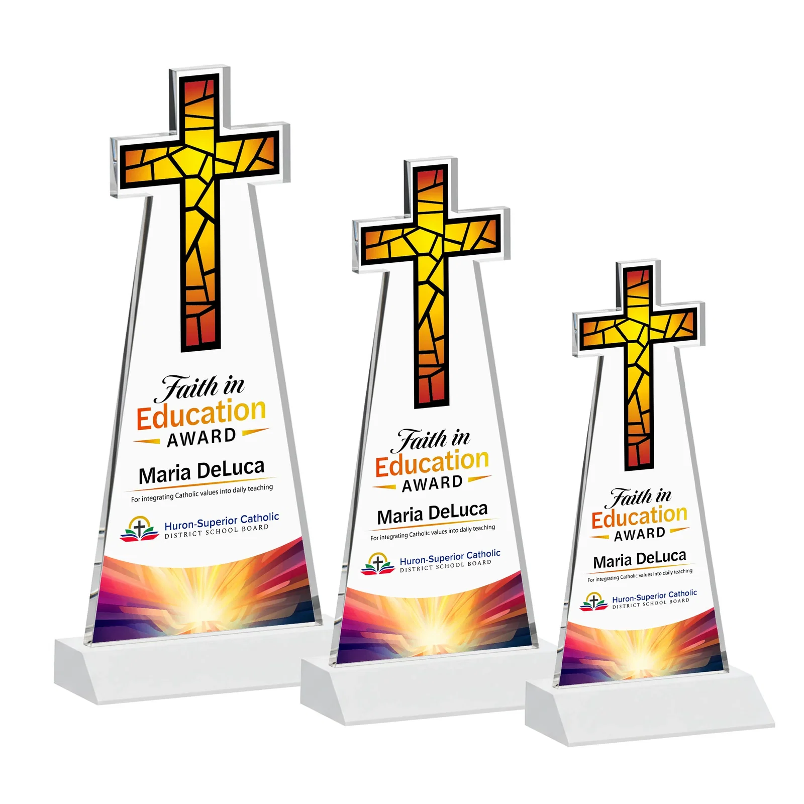 Custom Starfire Crystal Cut-Out Cross Award on Front-Mitered Base, with your logo for service anniversary gifts