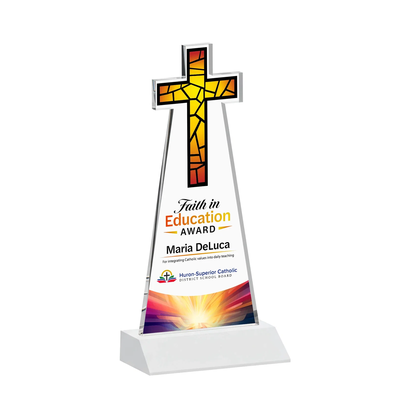 Custom Starfire Crystal Cut-Out Cross Award on Front-Mitered Base, with your logo for sales achievement awards