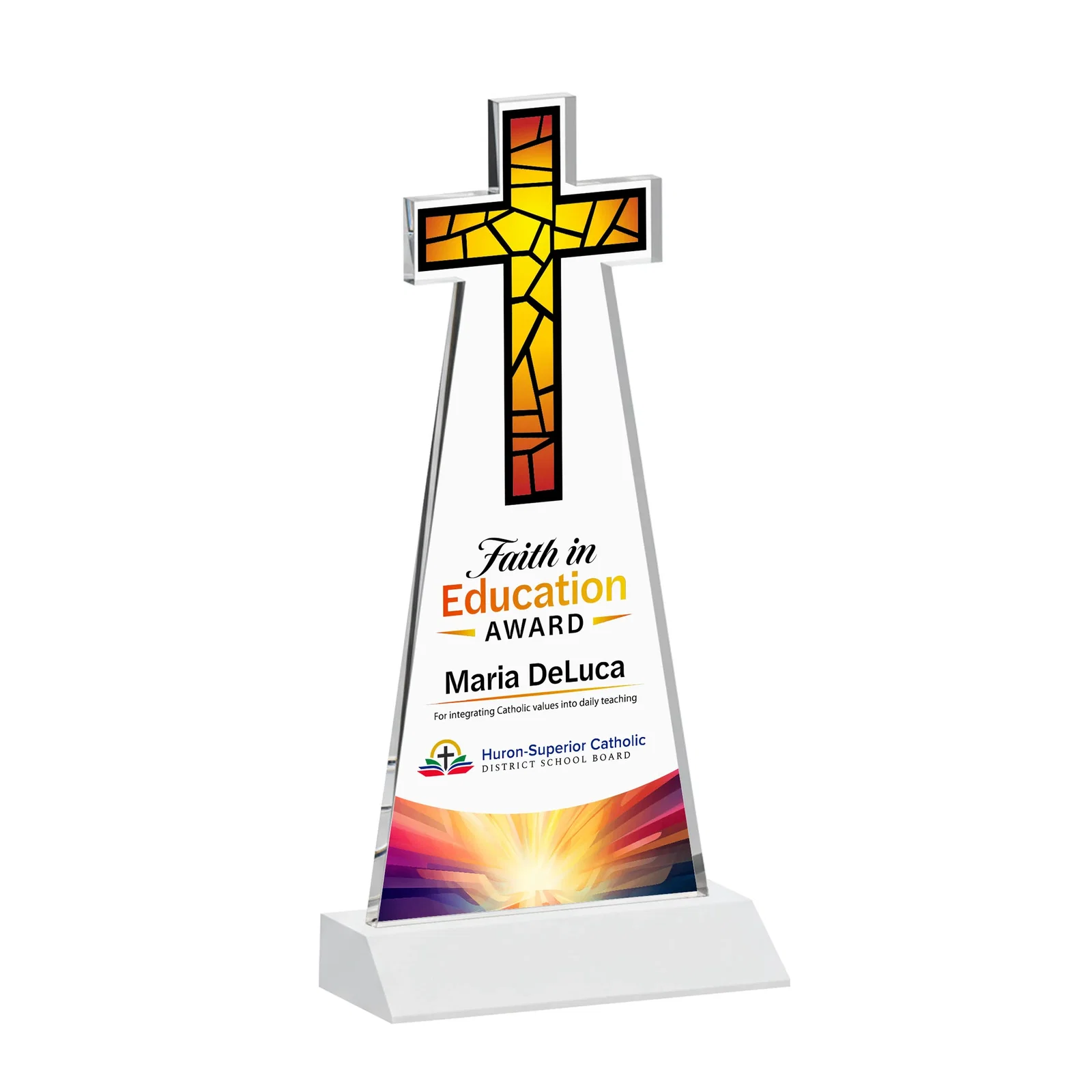 Custom Starfire Crystal Cut-Out Cross Award on Front-Mitered Base, with your logo for retirement presentations