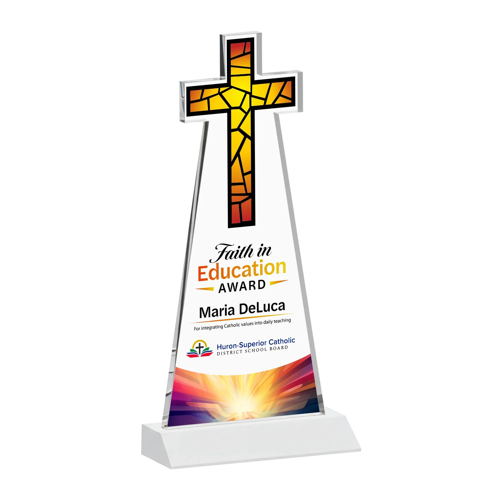 Custom Starfire Crystal Cut-Out Cross Award on Front-Mitered Base, with your logo for team milestone celebrations