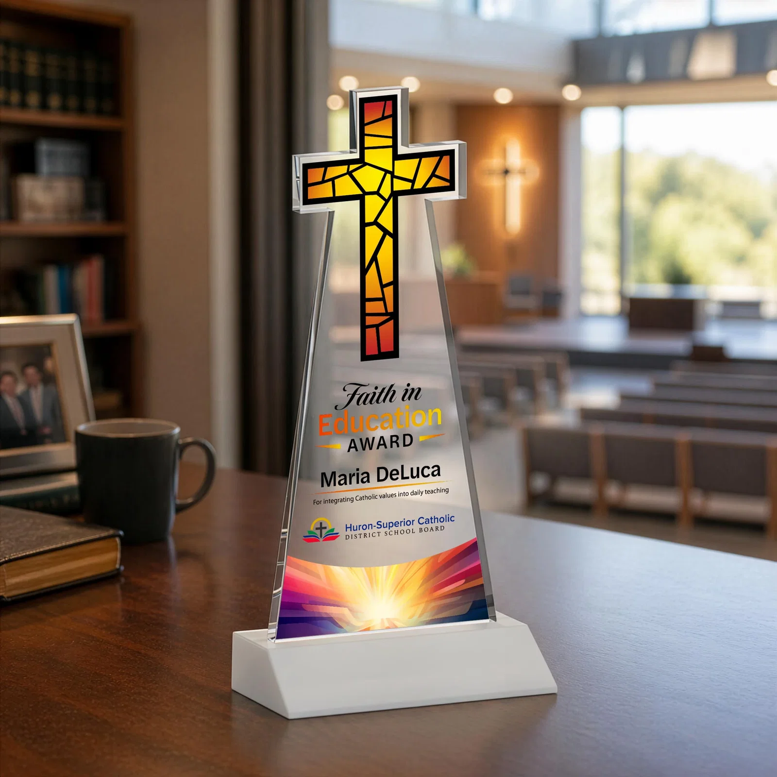 Custom Starfire Crystal Cut-Out Cross Award on Front-Mitered Base, with your logo for donor appreciation