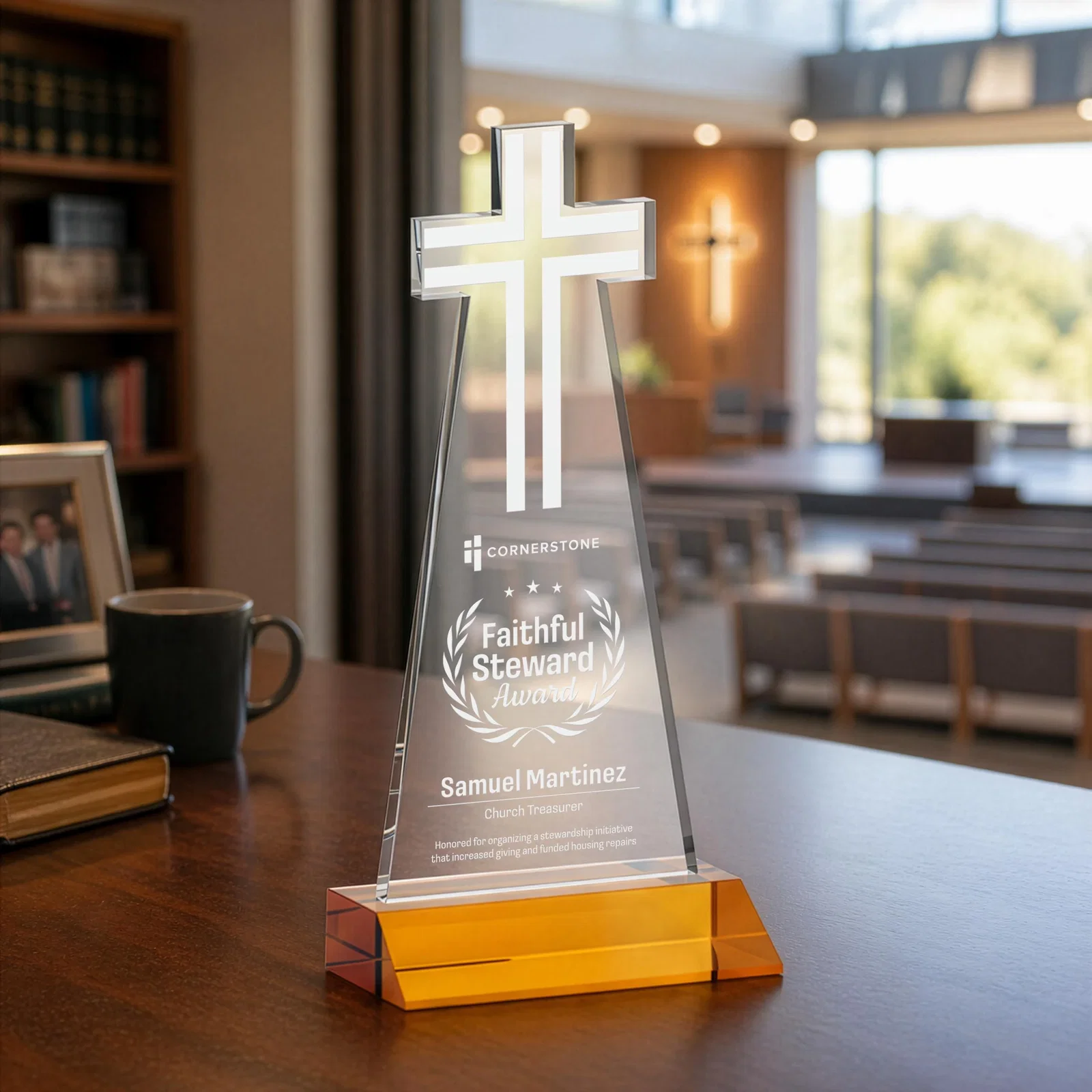 Custom Starfire Crystal Cut-Out Cross Award on Front-Mitered Base for dealer and partner awards
