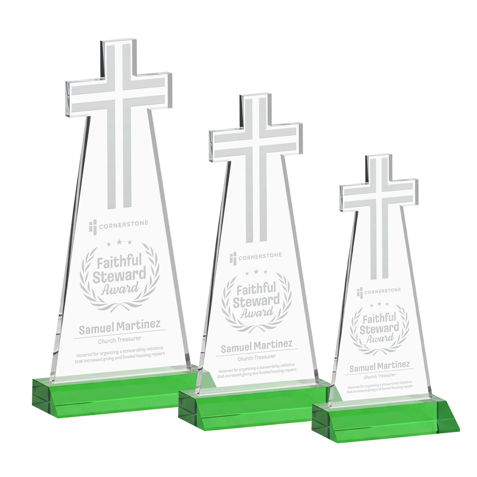 Custom Starfire Crystal Cut-Out Cross Award on Front-Mitered Base for company anniversary events