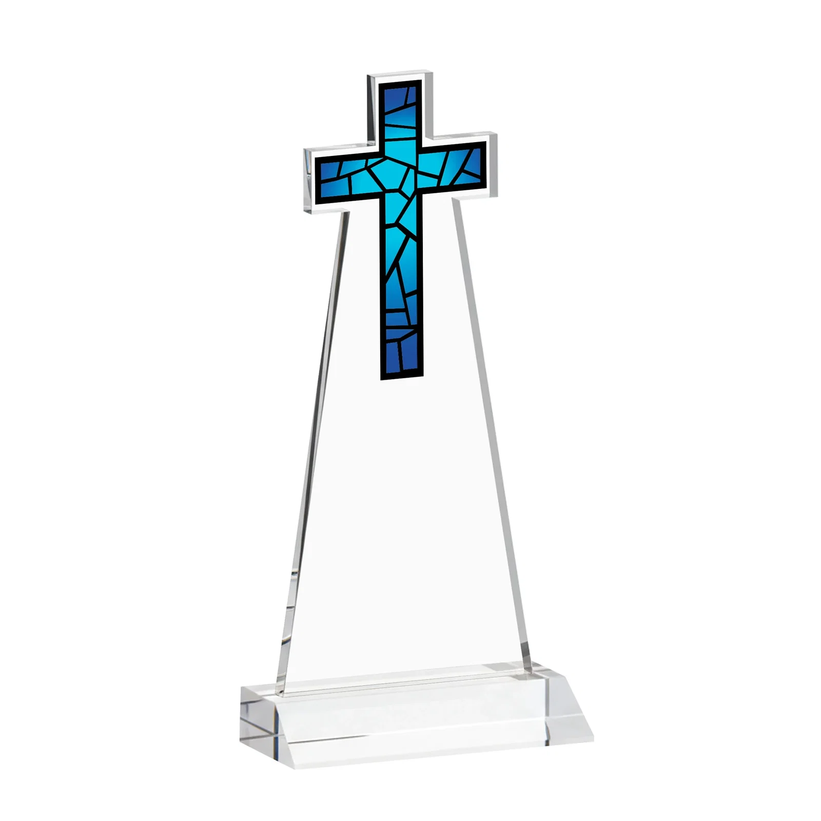 Promotional Starfire Crystal Cut-Out Cross Award on Front-Mitered Base, with your logo for company anniversary events