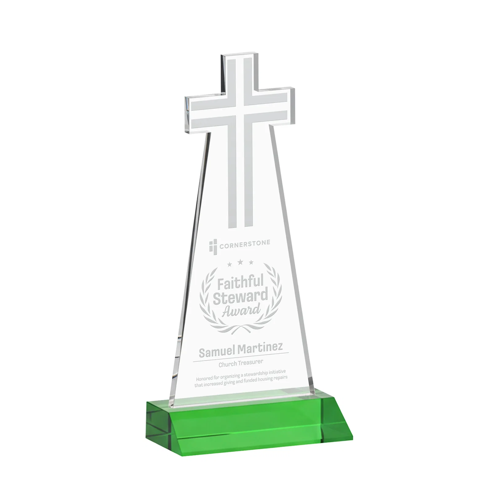 Personalized Starfire Crystal Cut-Out Cross Award on Front-Mitered Base for employee recognition