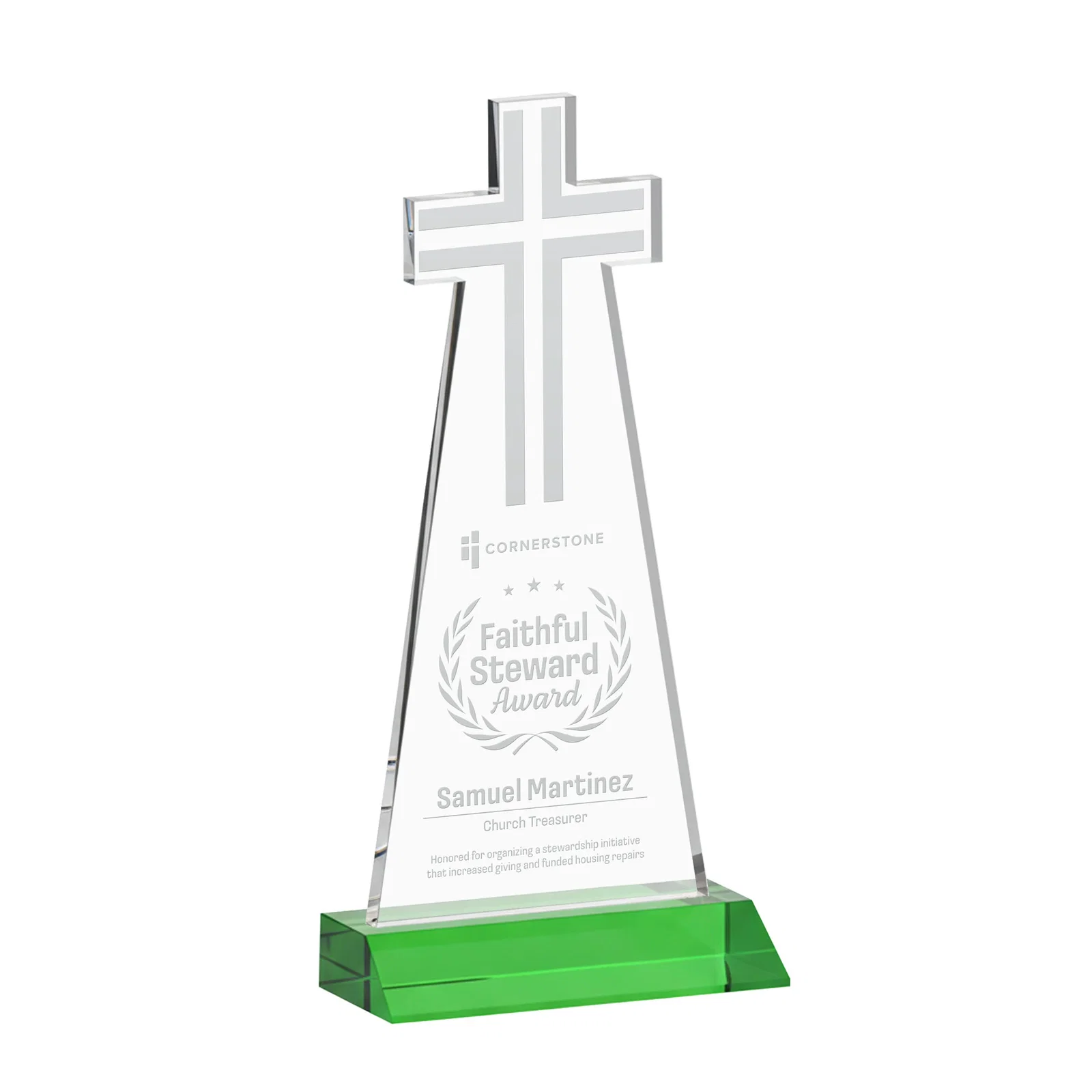 Personalized Starfire Crystal Cut-Out Cross Award on Front-Mitered Base for corporate award ceremonies