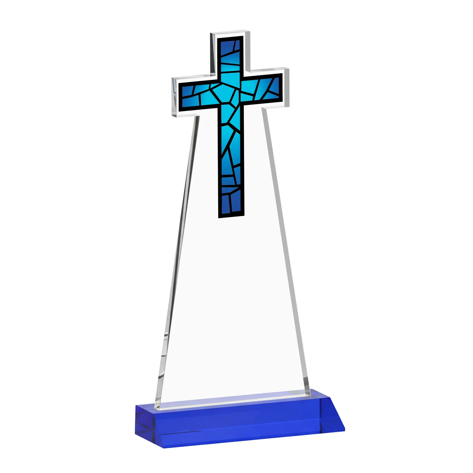 Custom printed Starfire Crystal Cut-Out Cross Award on Front-Mitered Base, with your logo for employee recognition