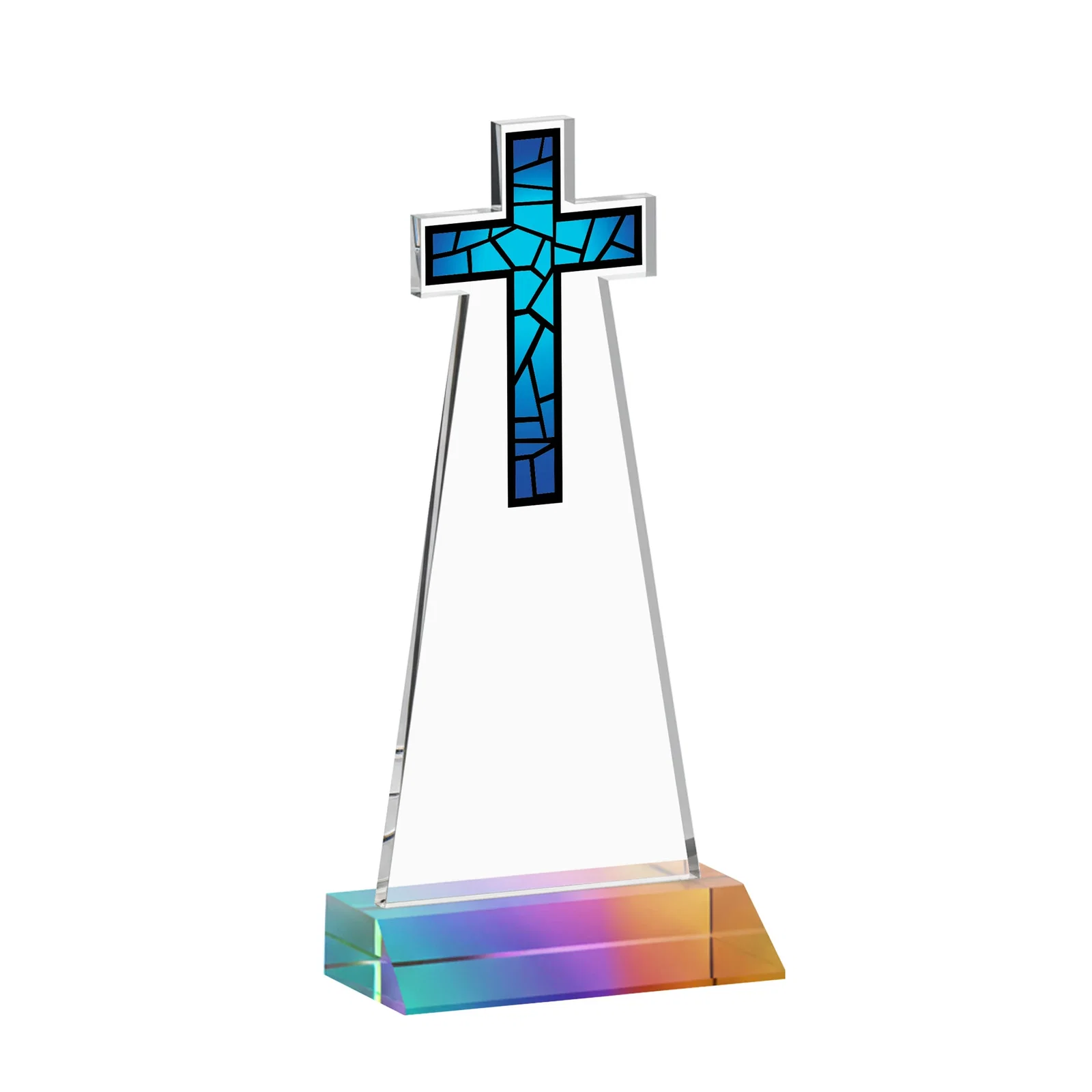 Custom printed Starfire Crystal Cut-Out Cross Award on Front-Mitered Base, with your logo for corporate award ceremonies