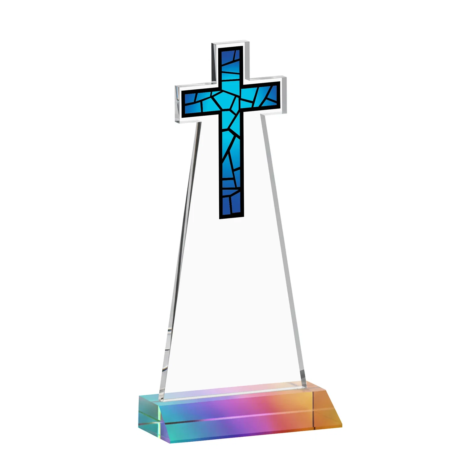 Custom printed Starfire Crystal Cut-Out Cross Award on Front-Mitered Base, with your logo for service anniversary gifts