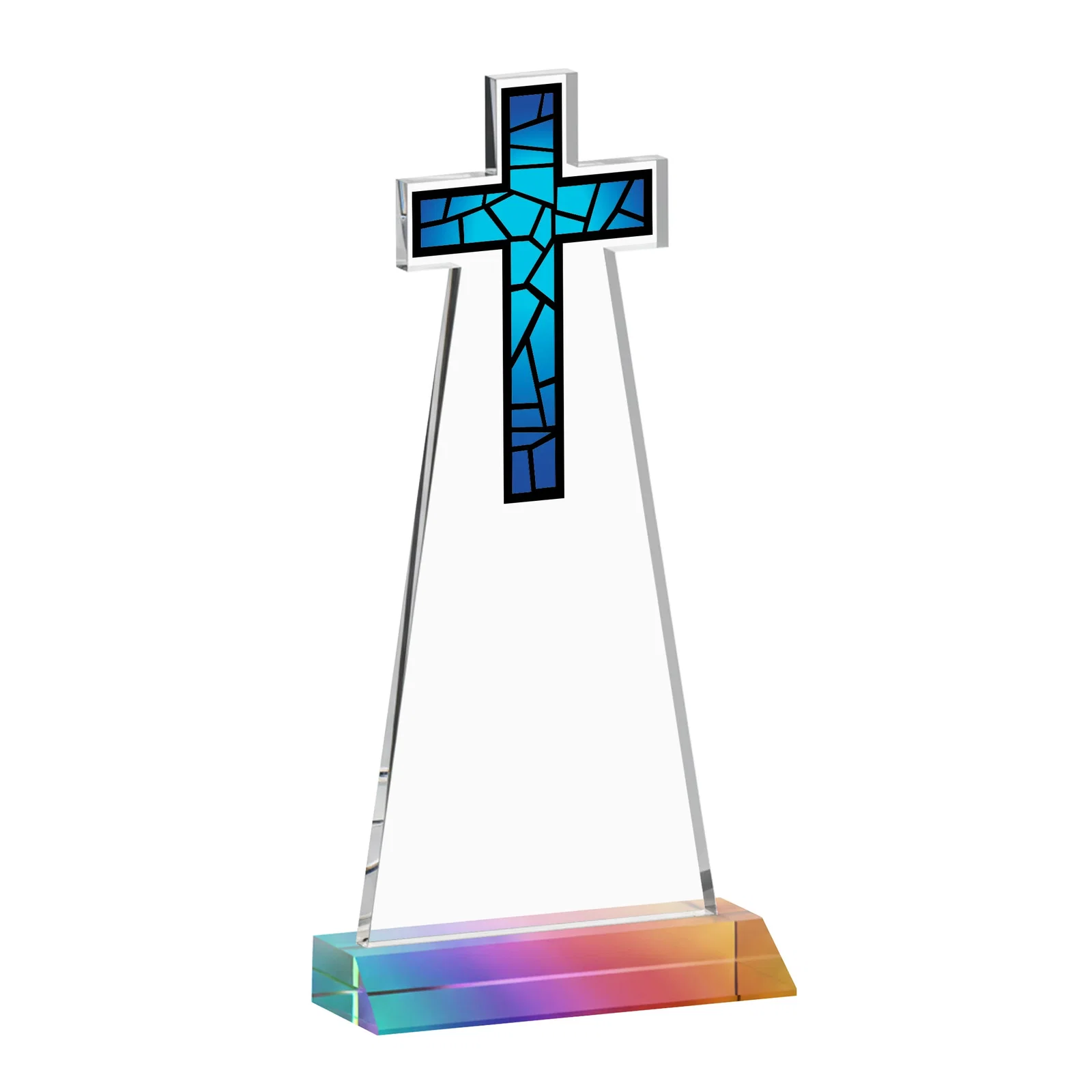 Custom printed Starfire Crystal Cut-Out Cross Award on Front-Mitered Base, with your logo for sales achievement awards