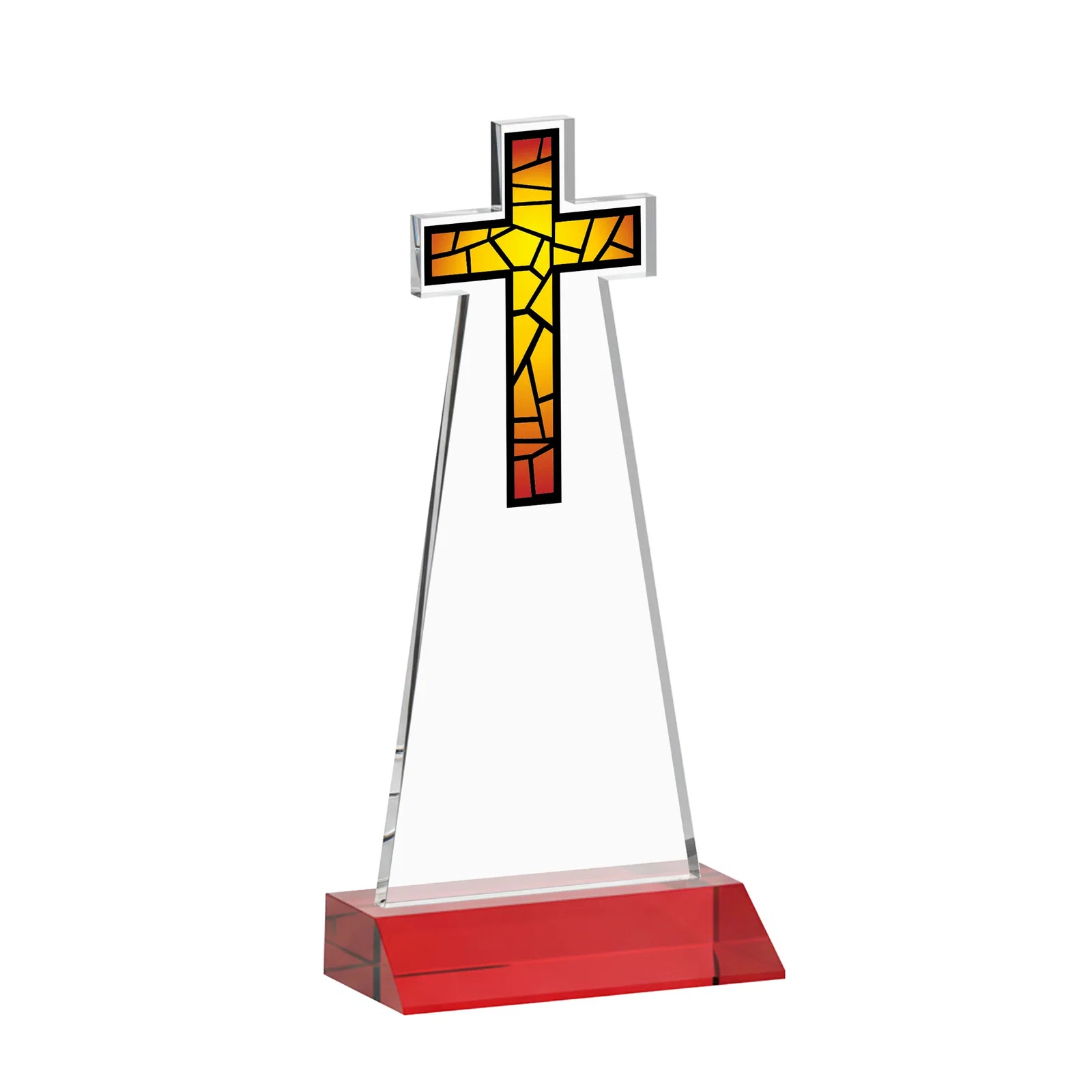 Custom printed Starfire Crystal Cut-Out Cross Award on Front-Mitered Base, with your logo for retirement presentations