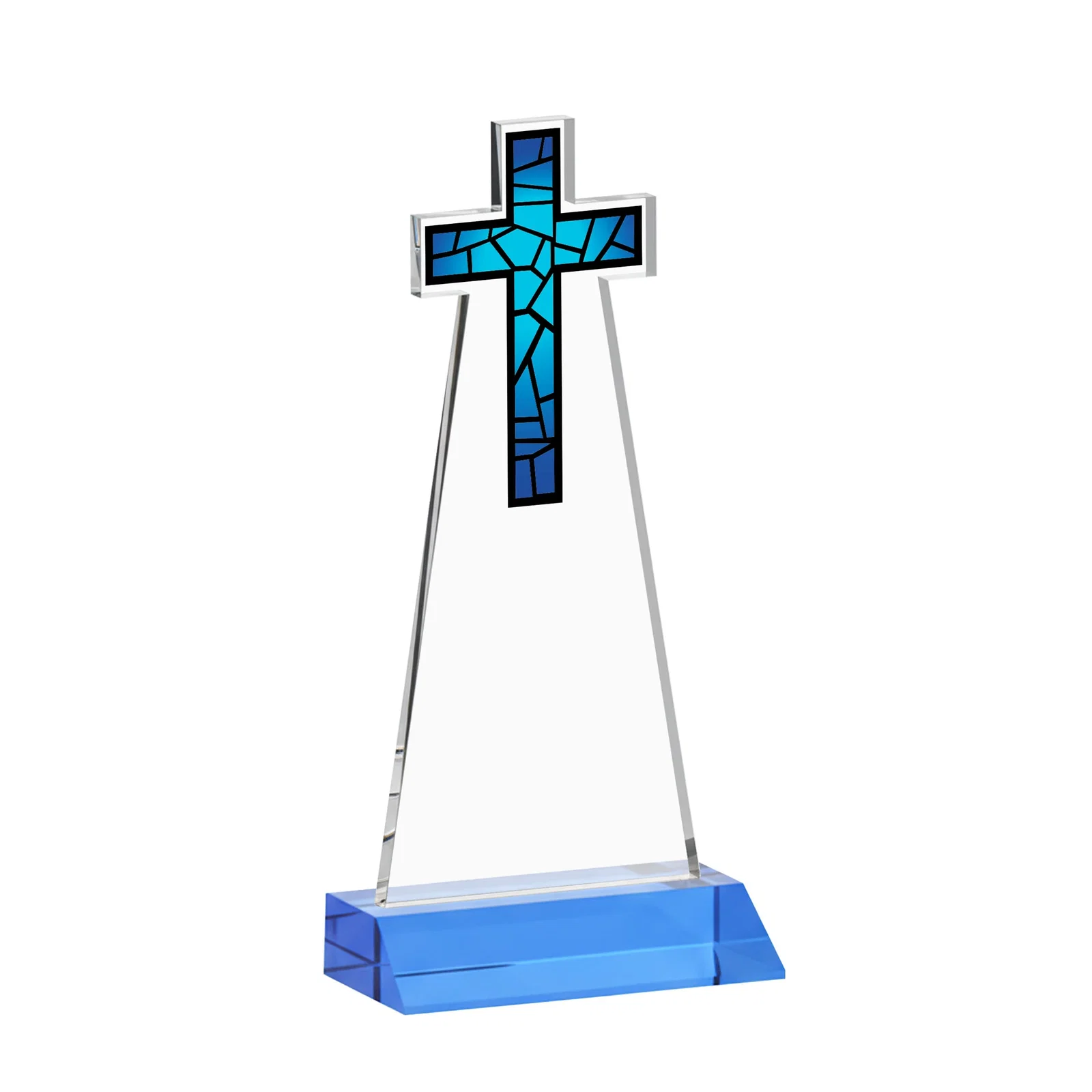Custom printed Starfire Crystal Cut-Out Cross Award on Front-Mitered Base, with your logo for graduation ceremonies