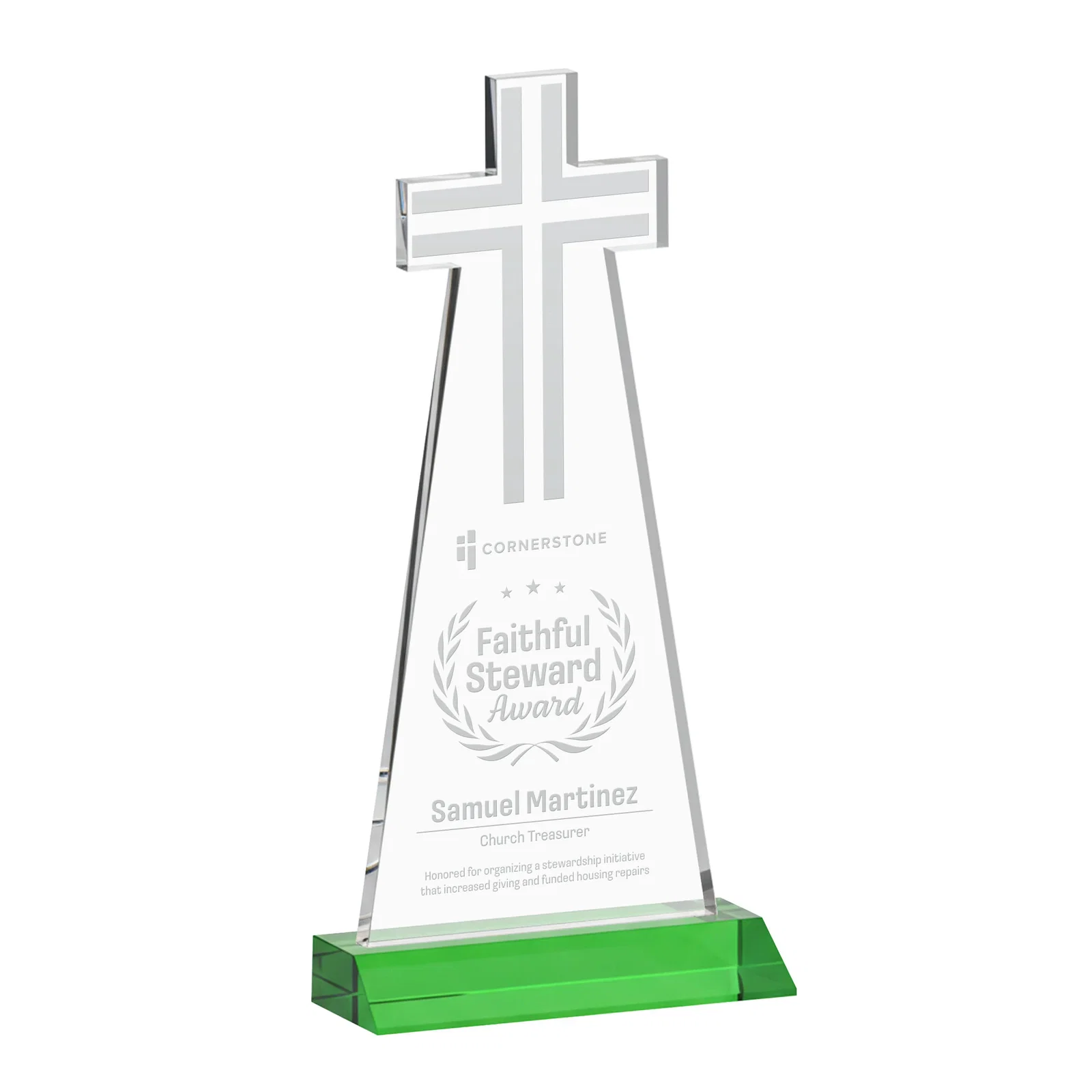 Personalized Starfire Crystal Cut-Out Cross Award on Front-Mitered Base for service anniversary gifts