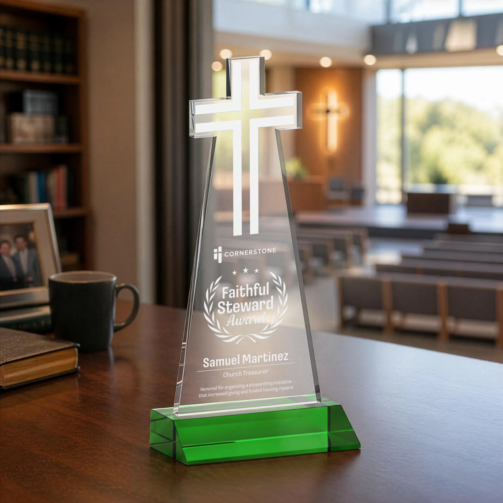 Personalized Starfire Crystal Cut-Out Cross Award on Front-Mitered Base for sales achievement awards