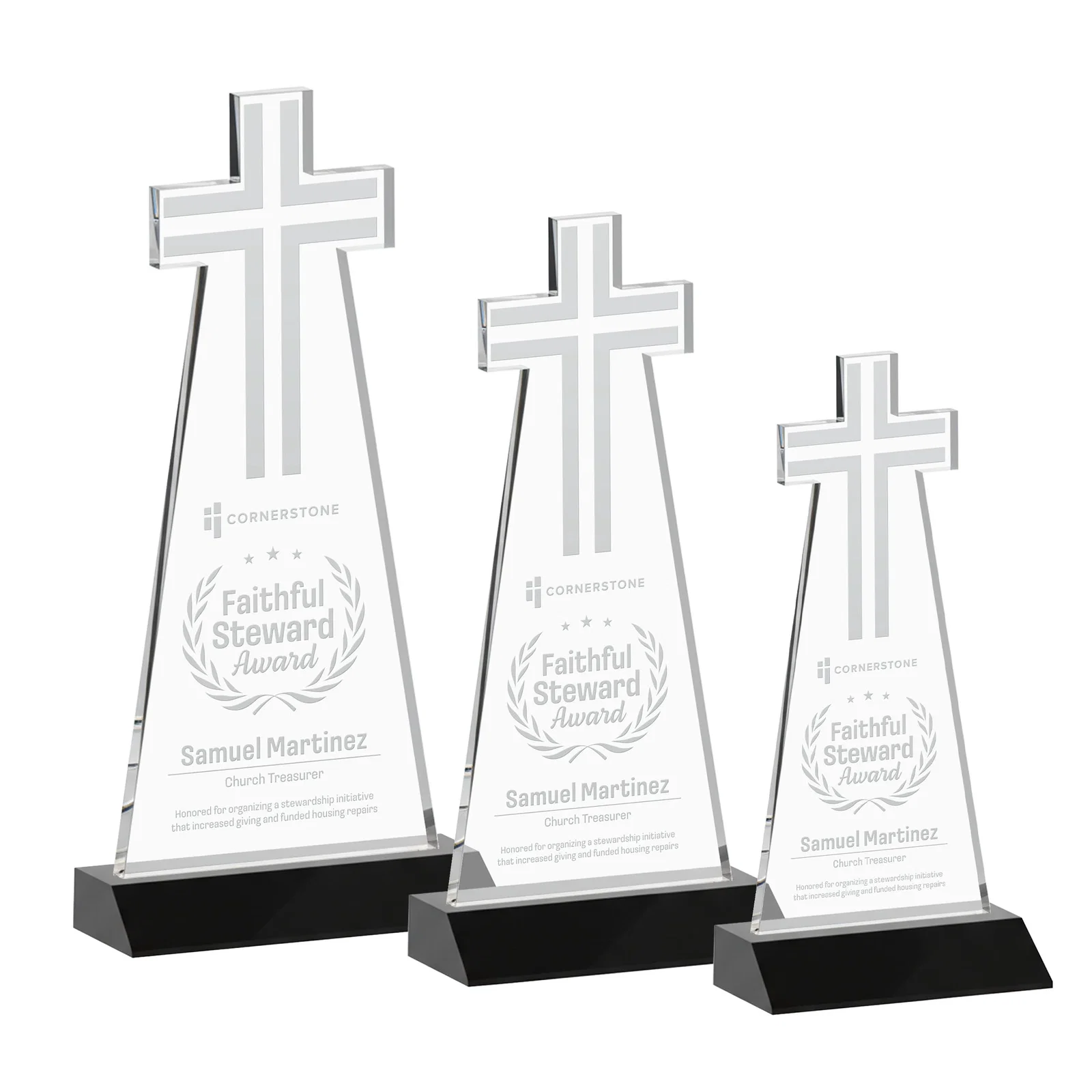 Personalized Starfire Crystal Cut-Out Cross Award on Front-Mitered Base for retirement presentations