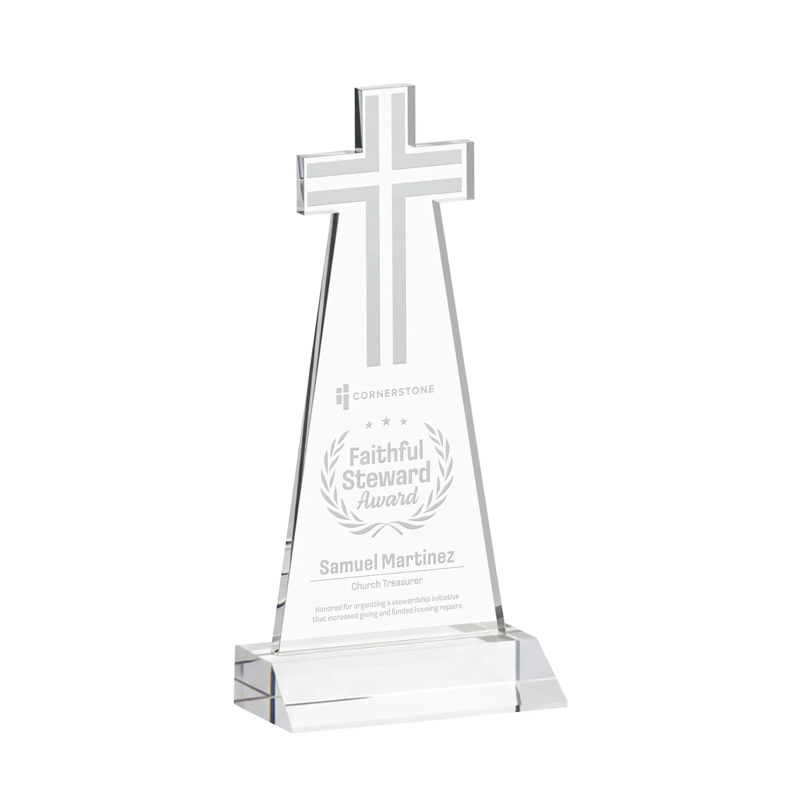 Custom Starfire Crystal Cut-Out Cross Award on Front-Mitered Base for corporate award ceremonies