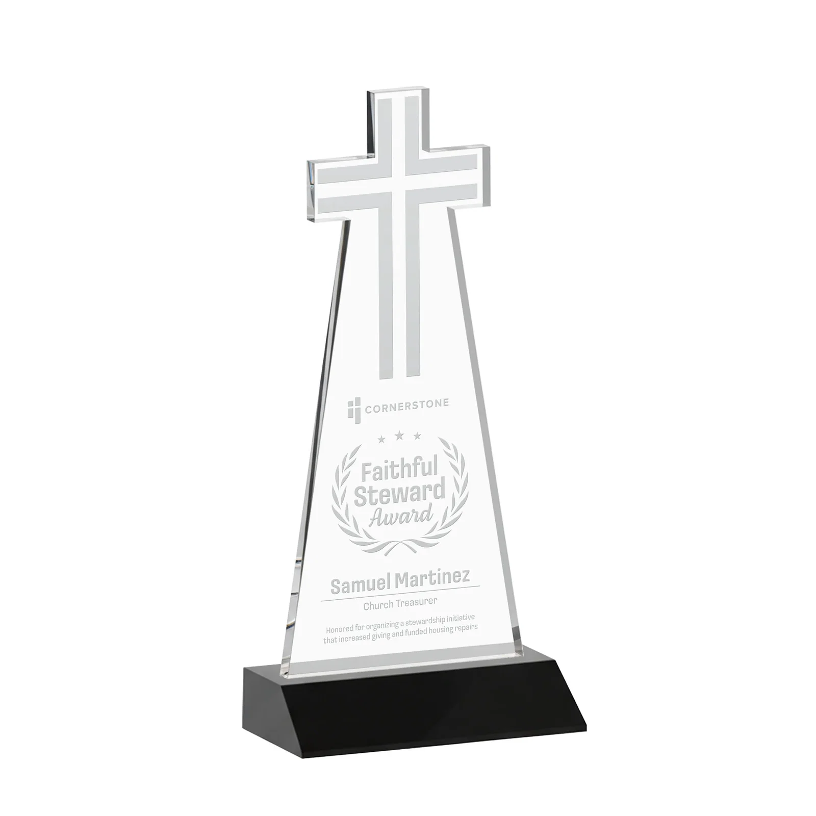 Personalized Starfire Crystal Cut-Out Cross Award on Front-Mitered Base for team milestone celebrations