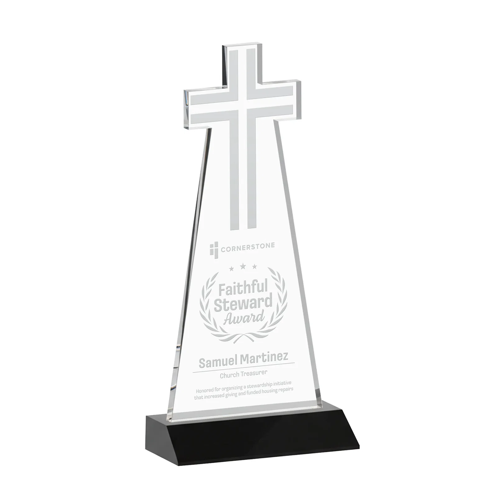 Personalized Starfire Crystal Cut-Out Cross Award on Front-Mitered Base for donor appreciation