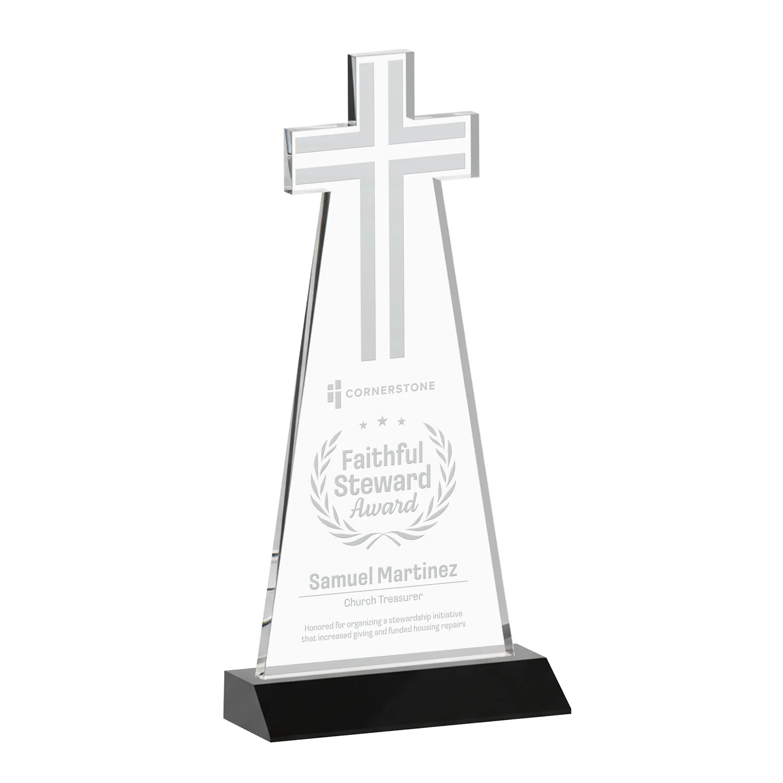 Personalized Starfire Crystal Cut-Out Cross Award on Front-Mitered Base for graduation ceremonies