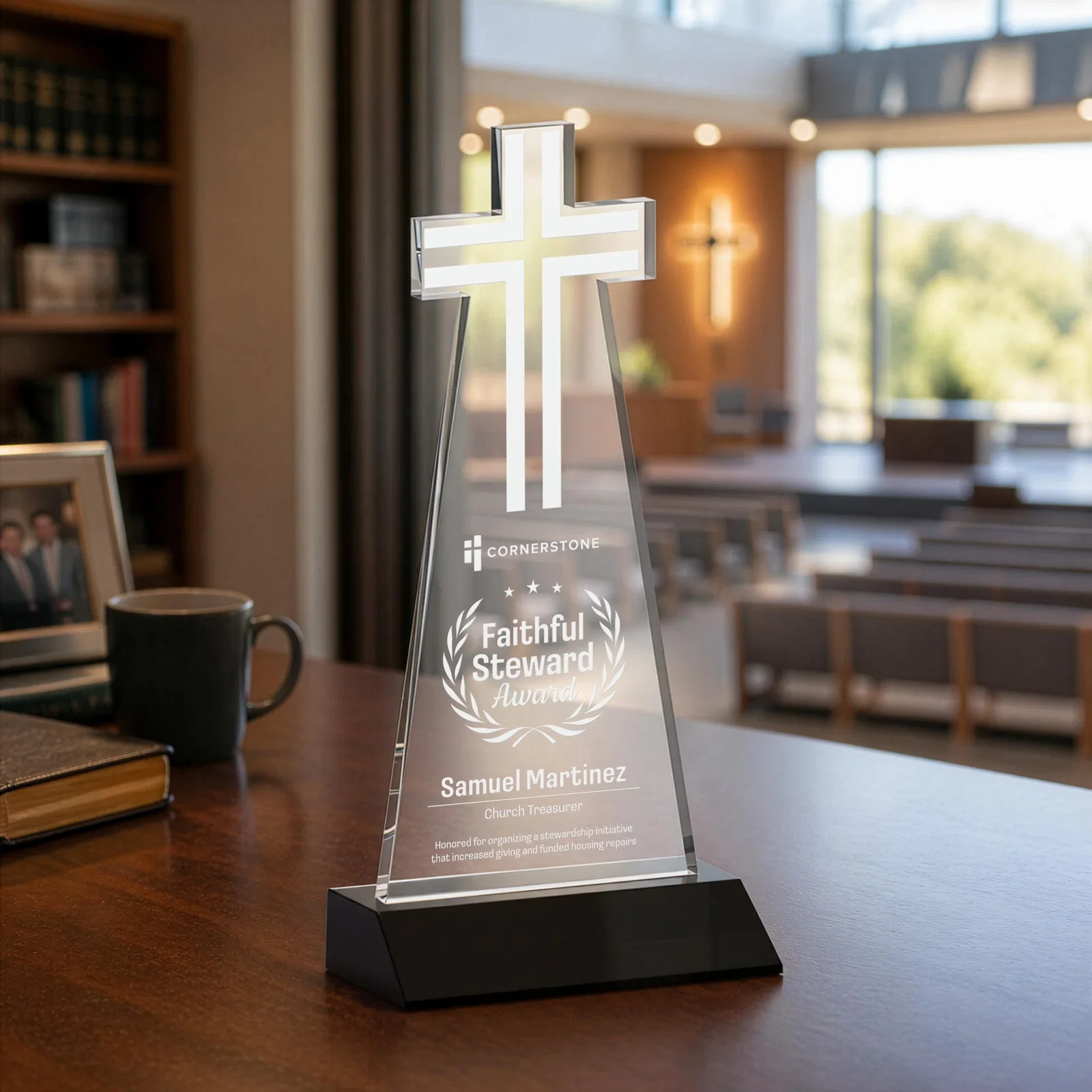 Personalized Starfire Crystal Cut-Out Cross Award on Front-Mitered Base for safety achievement programs