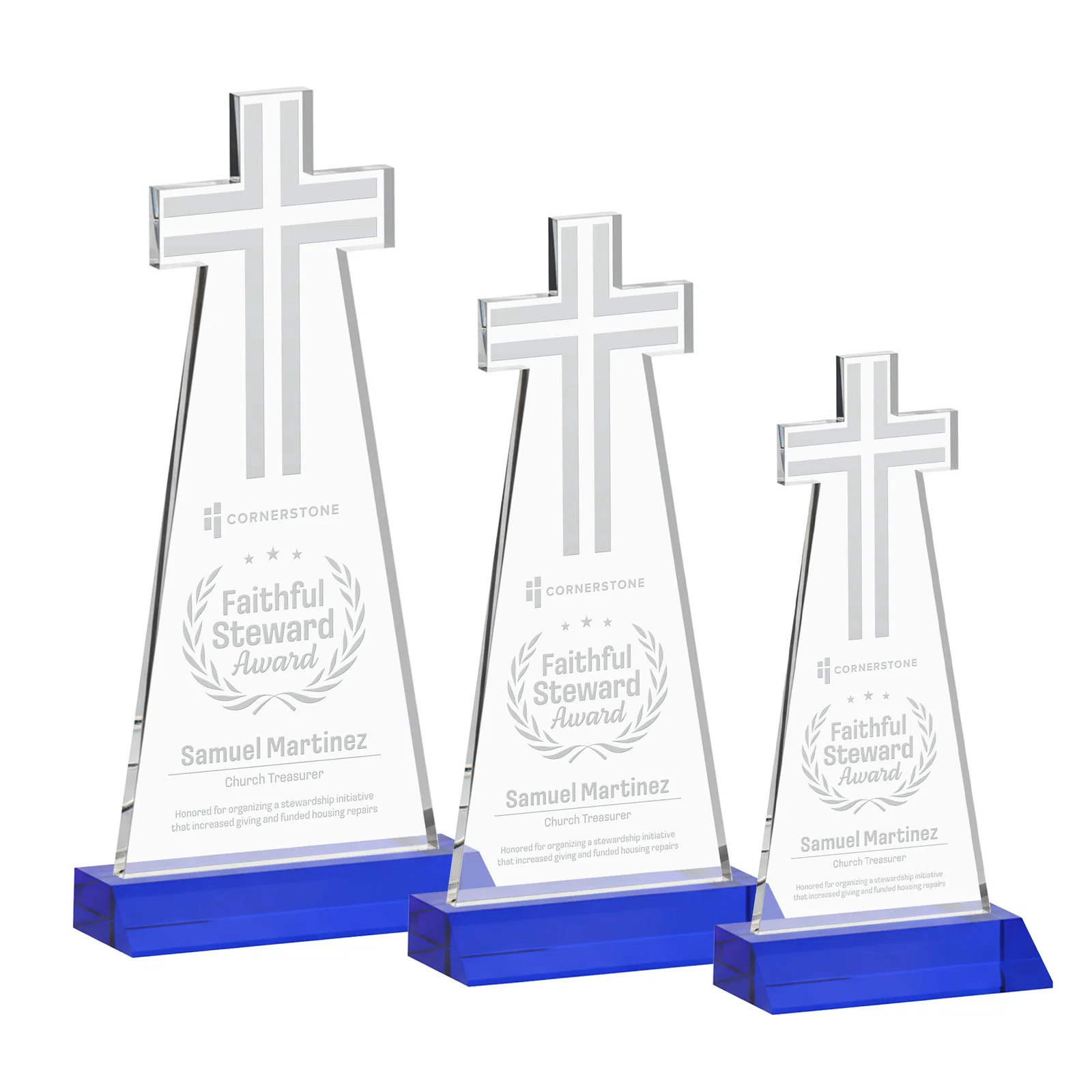 Personalized Starfire Crystal Cut-Out Cross Award on Front-Mitered Base for volunteer appreciation
