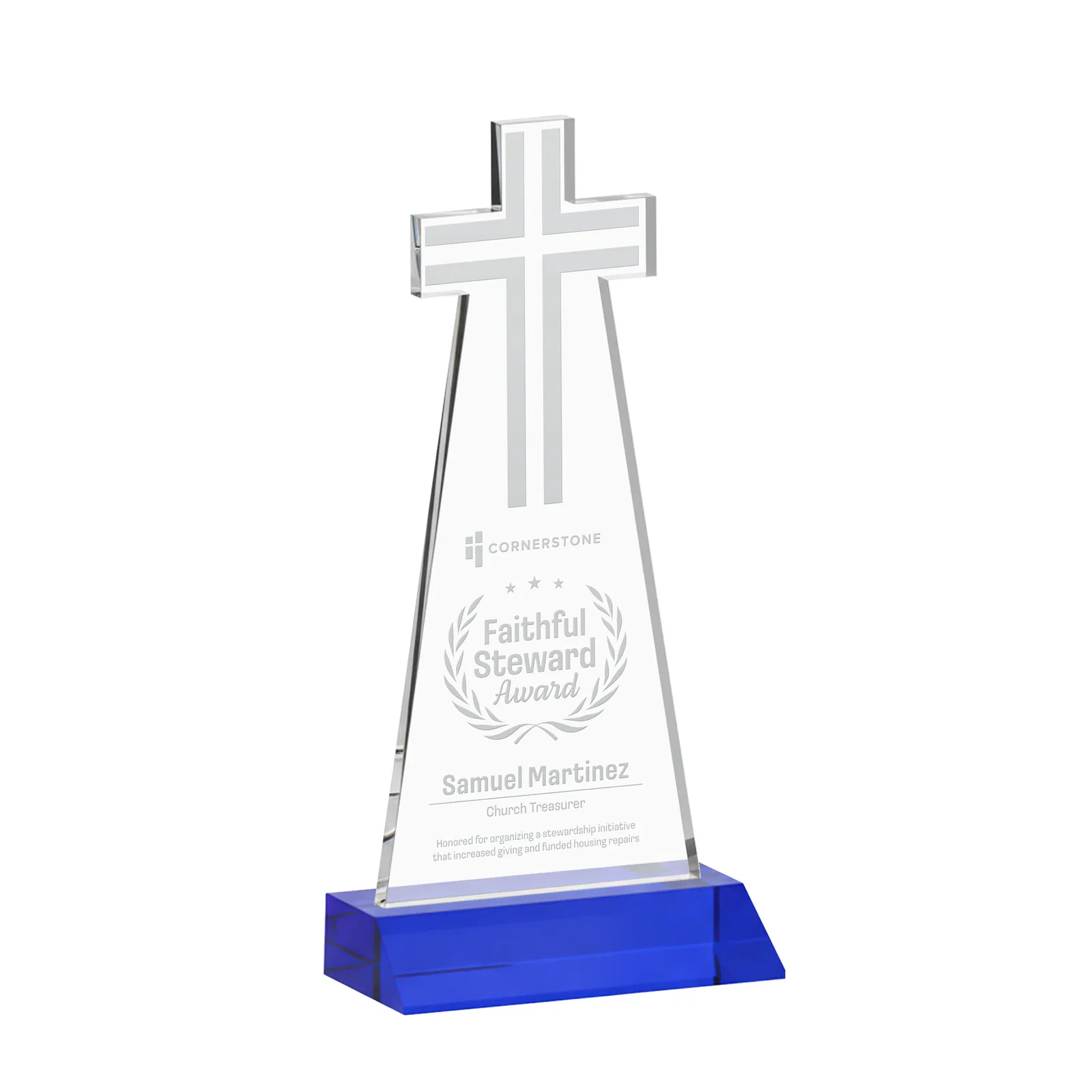 Personalized Starfire Crystal Cut-Out Cross Award on Front-Mitered Base for dealer and partner awards