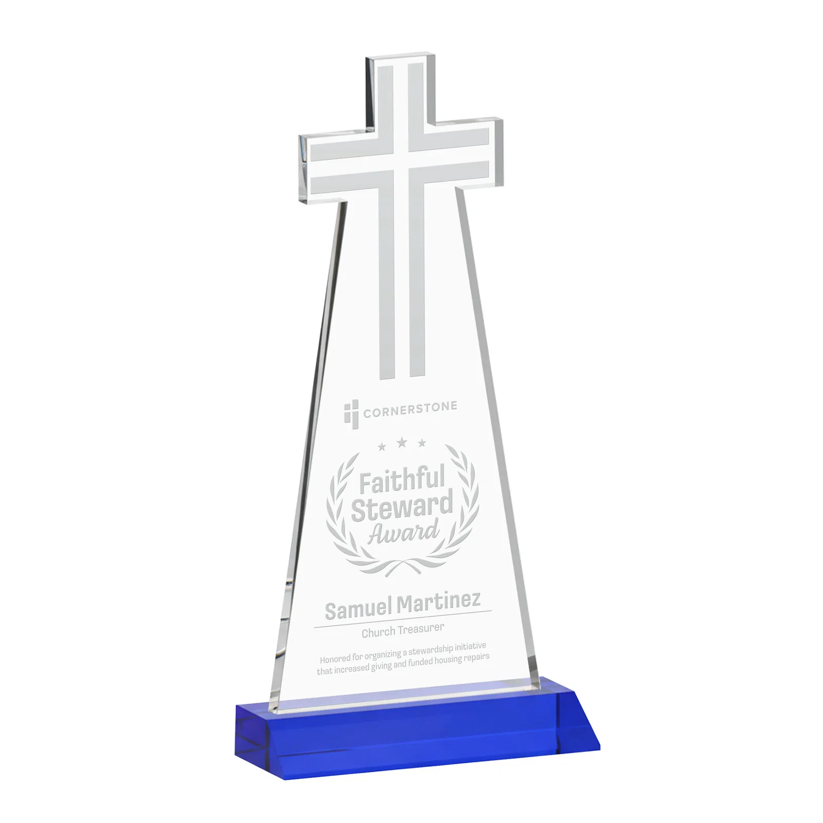 Promotional Starfire Crystal Cut-Out Cross Award on Front-Mitered Base for employee recognition