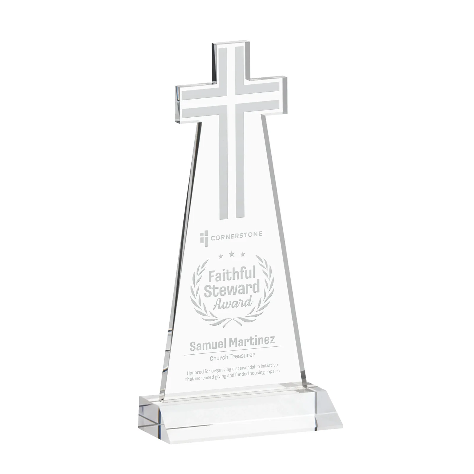 Custom Starfire Crystal Cut-Out Cross Award on Front-Mitered Base for service anniversary gifts