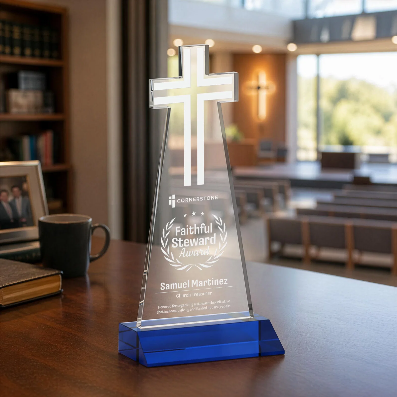 Promotional Starfire Crystal Cut-Out Cross Award on Front-Mitered Base for corporate award ceremonies