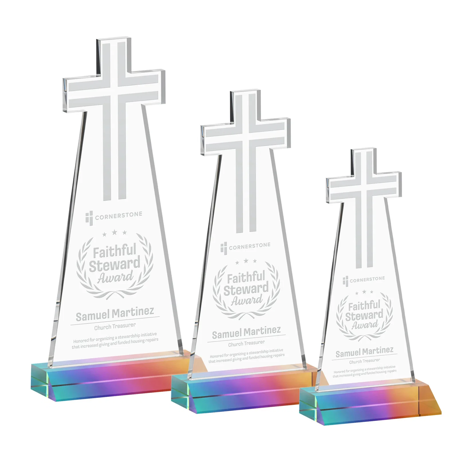 Promotional Starfire Crystal Cut-Out Cross Award on Front-Mitered Base for service anniversary gifts
