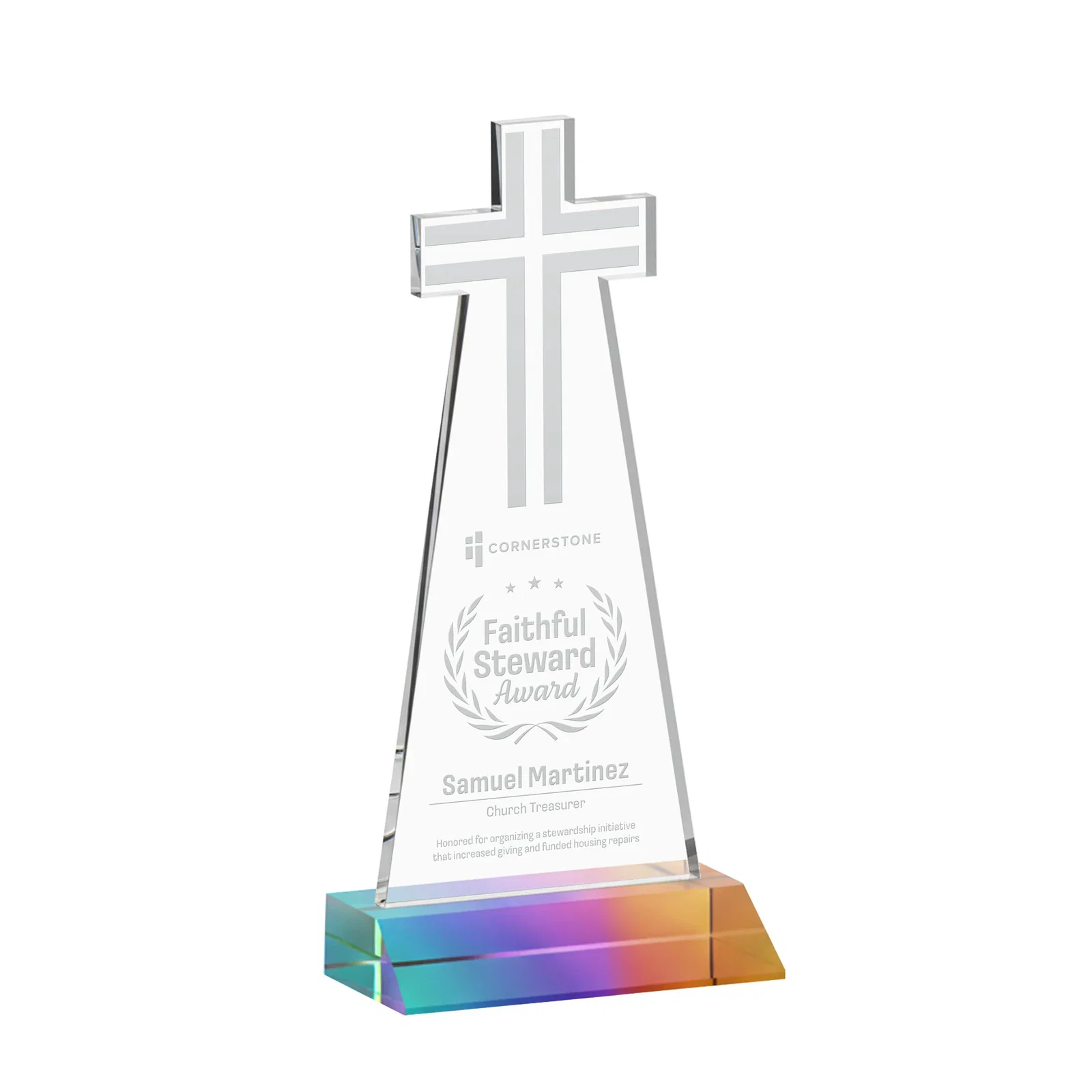 Promotional Starfire Crystal Cut-Out Cross Award on Front-Mitered Base for sales achievement awards