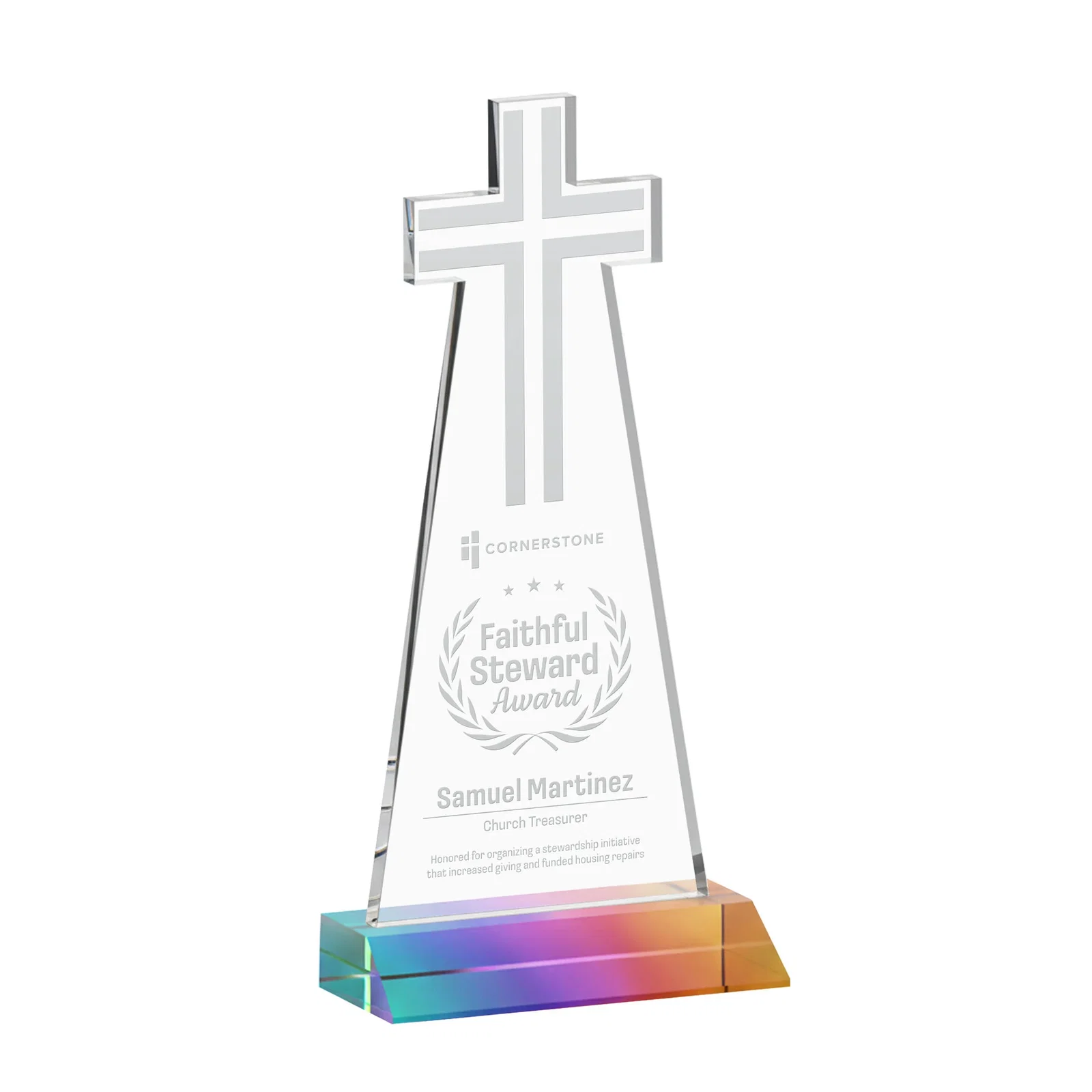 Promotional Starfire Crystal Cut-Out Cross Award on Front-Mitered Base for retirement presentations