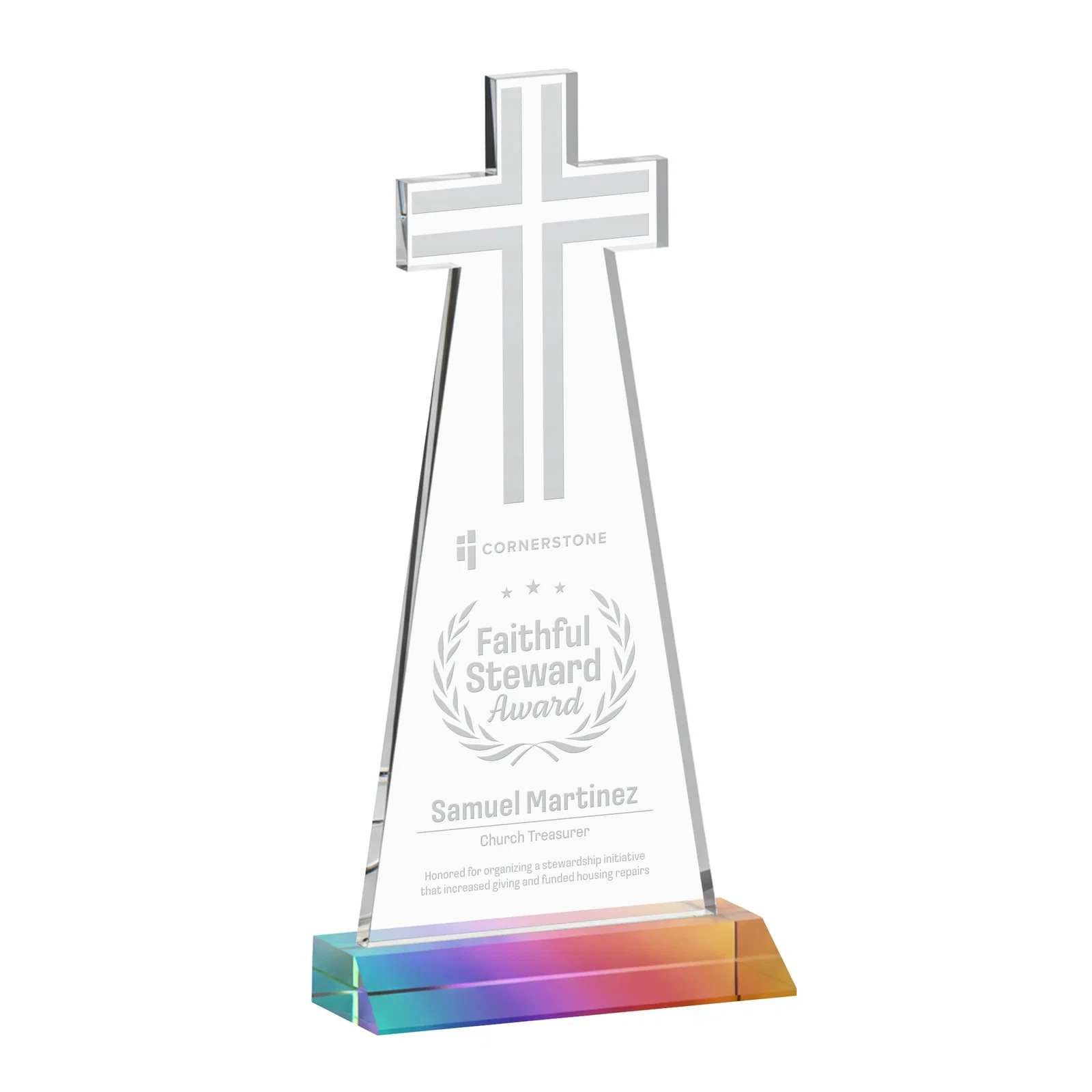 Promotional Starfire Crystal Cut-Out Cross Award on Front-Mitered Base for team milestone celebrations
