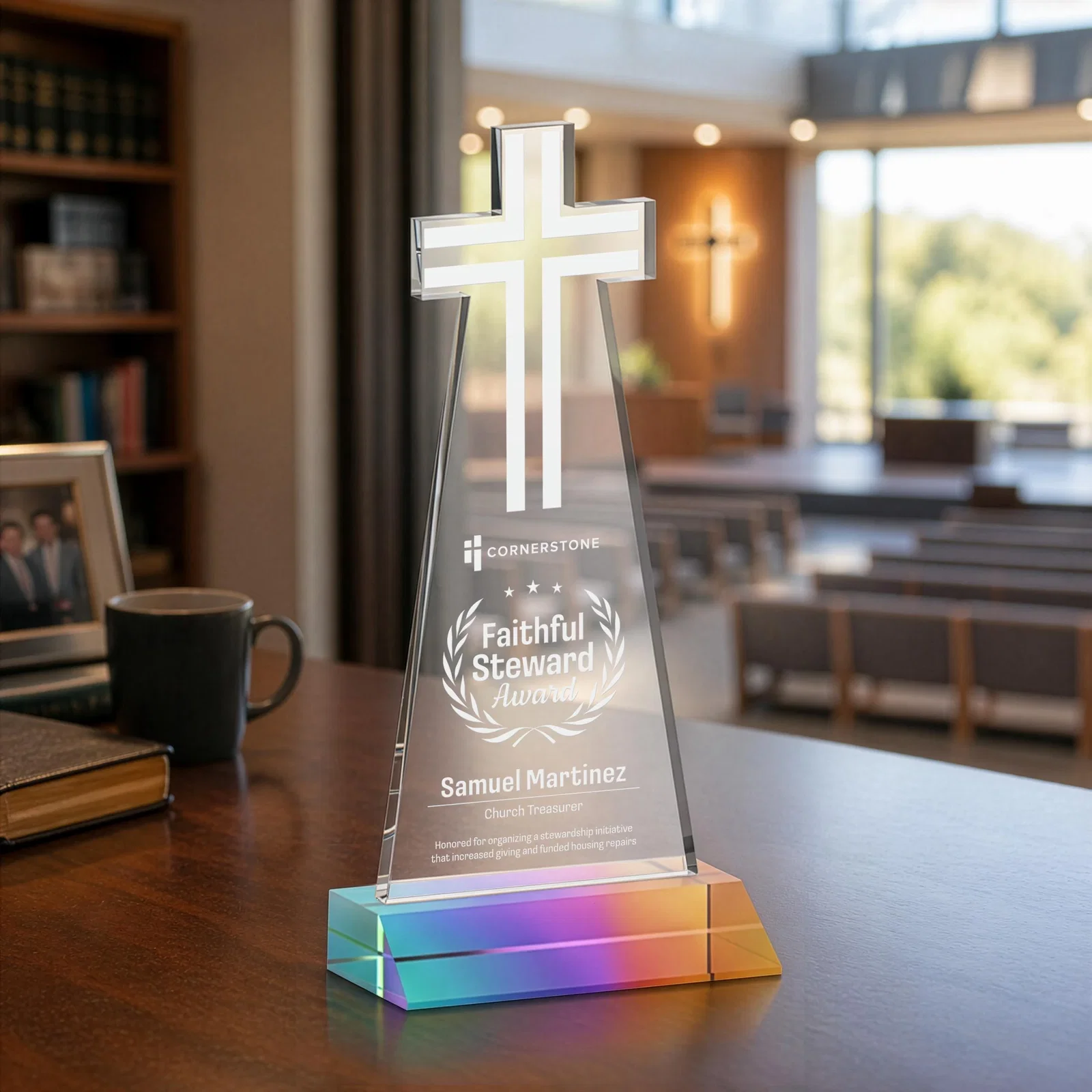 Promotional Starfire Crystal Cut-Out Cross Award on Front-Mitered Base for donor appreciation
