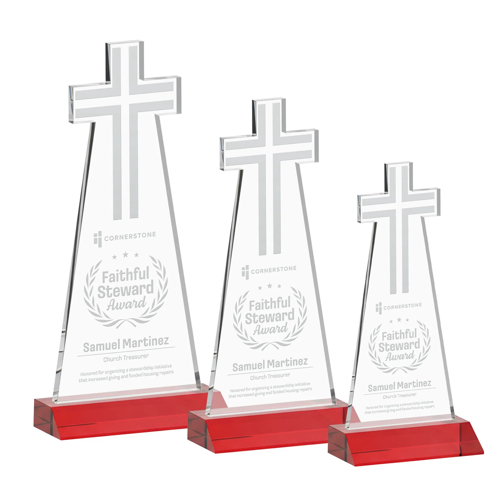 Promotional Starfire Crystal Cut-Out Cross Award on Front-Mitered Base for graduation ceremonies