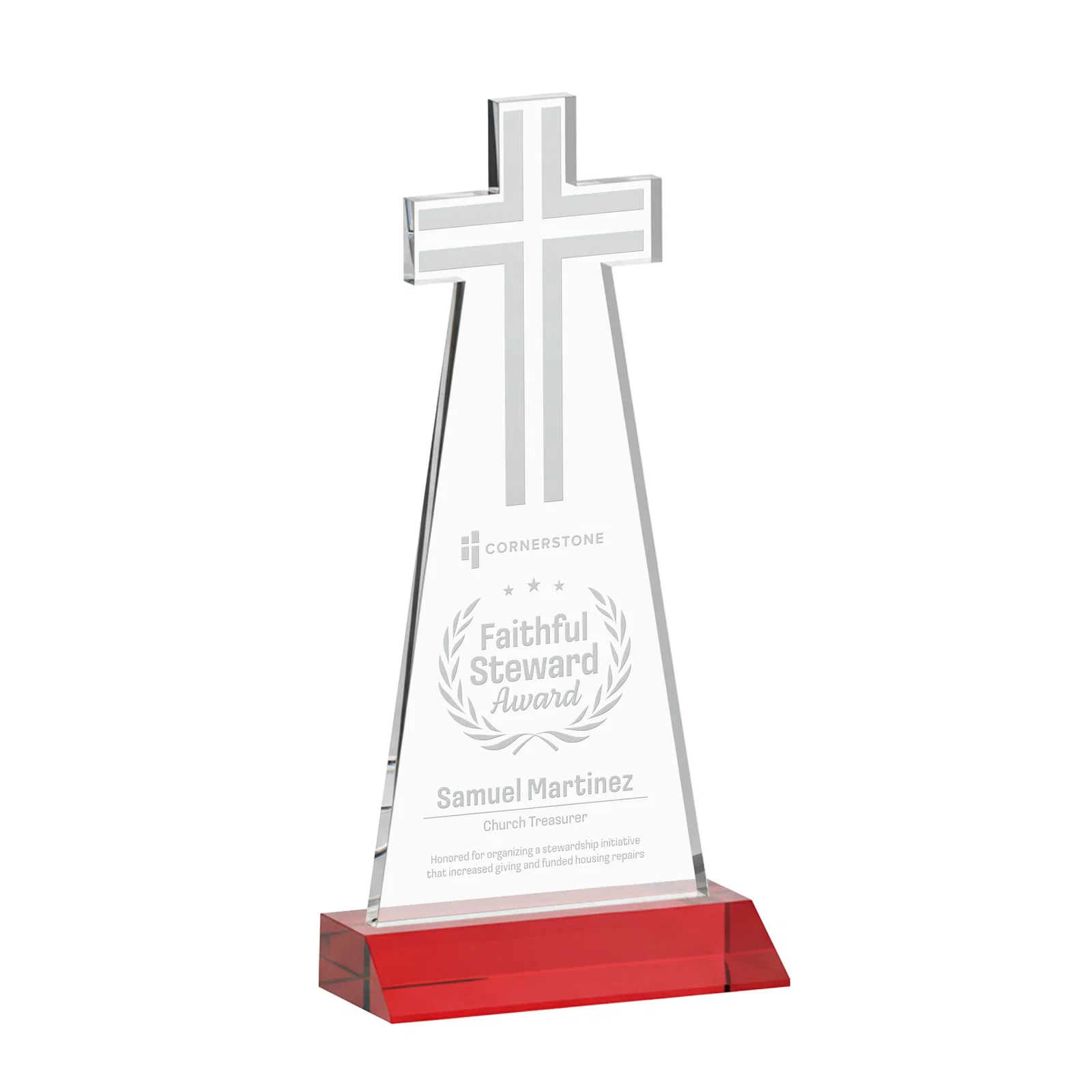Promotional Starfire Crystal Cut-Out Cross Award on Front-Mitered Base for volunteer appreciation
