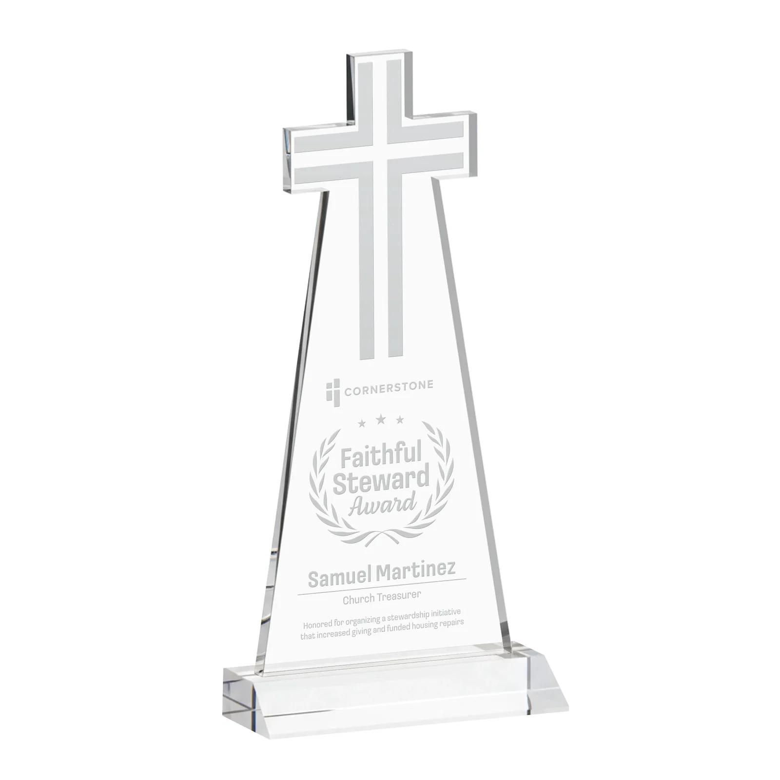 Custom Starfire Crystal Cut-Out Cross Award on Front-Mitered Base for sales achievement awards