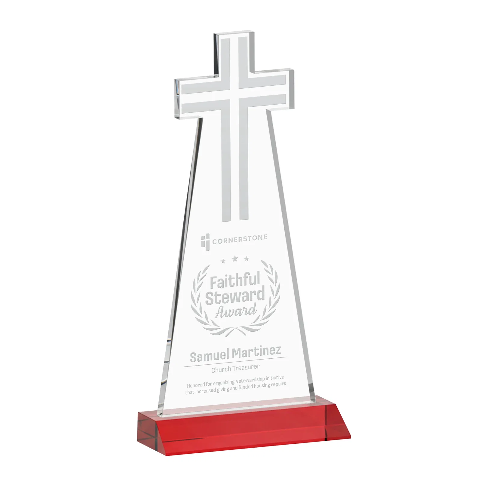 Promotional Starfire Crystal Cut-Out Cross Award on Front-Mitered Base for dealer and partner awards