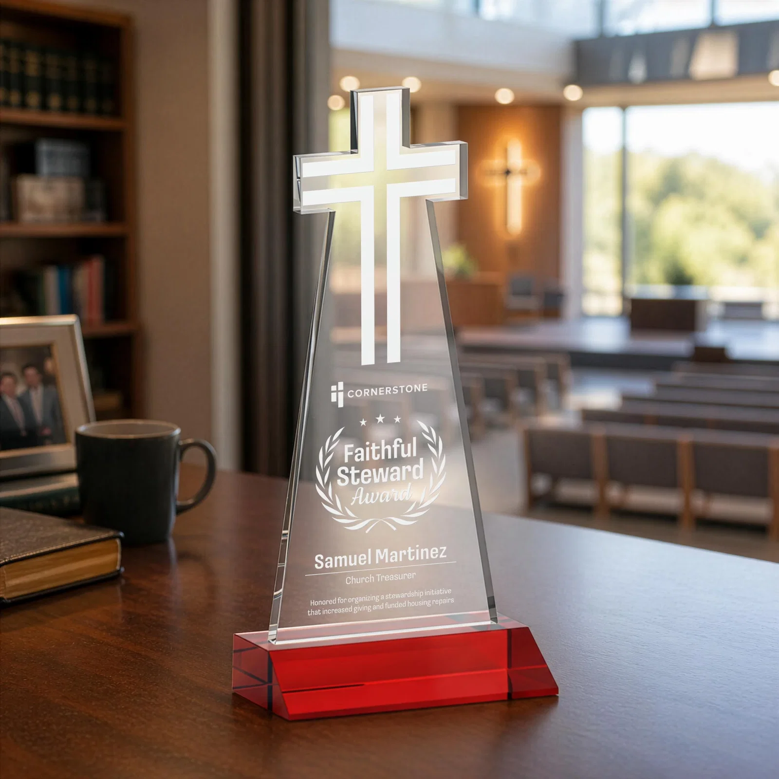 Promotional Starfire Crystal Cut-Out Cross Award on Front-Mitered Base for company anniversary events
