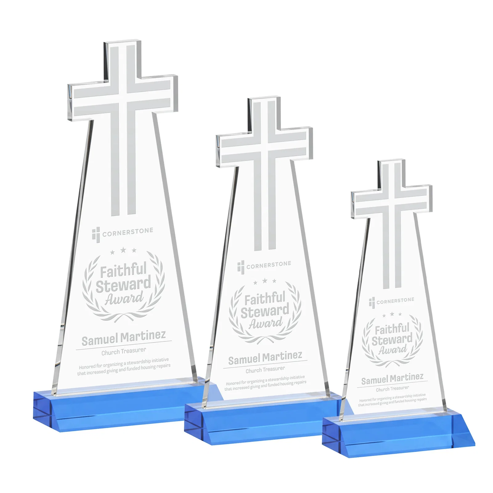 Branded Starfire Crystal Cut-Out Cross Award on Front-Mitered Base for employee recognition
