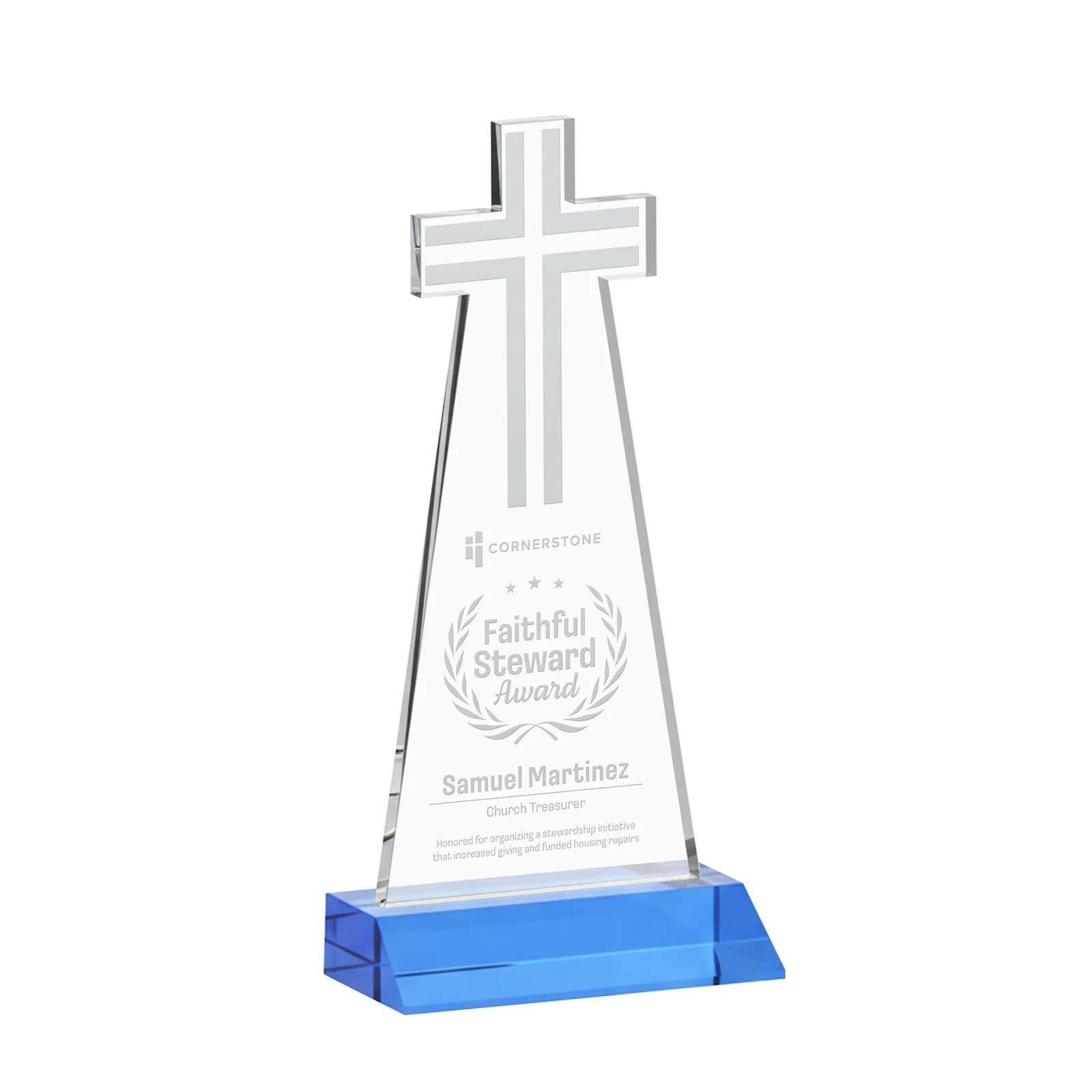 Branded Starfire Crystal Cut-Out Cross Award on Front-Mitered Base for corporate award ceremonies