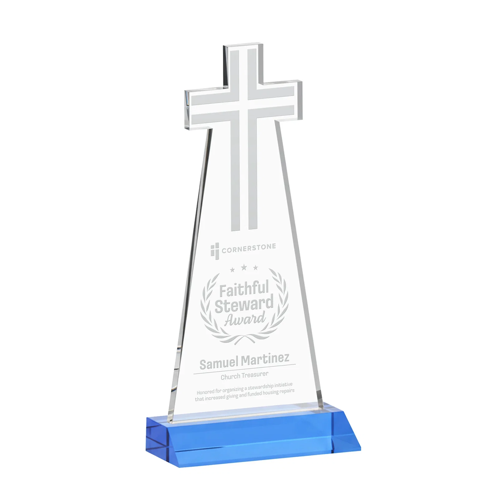 Branded Starfire Crystal Cut-Out Cross Award on Front-Mitered Base for service anniversary gifts