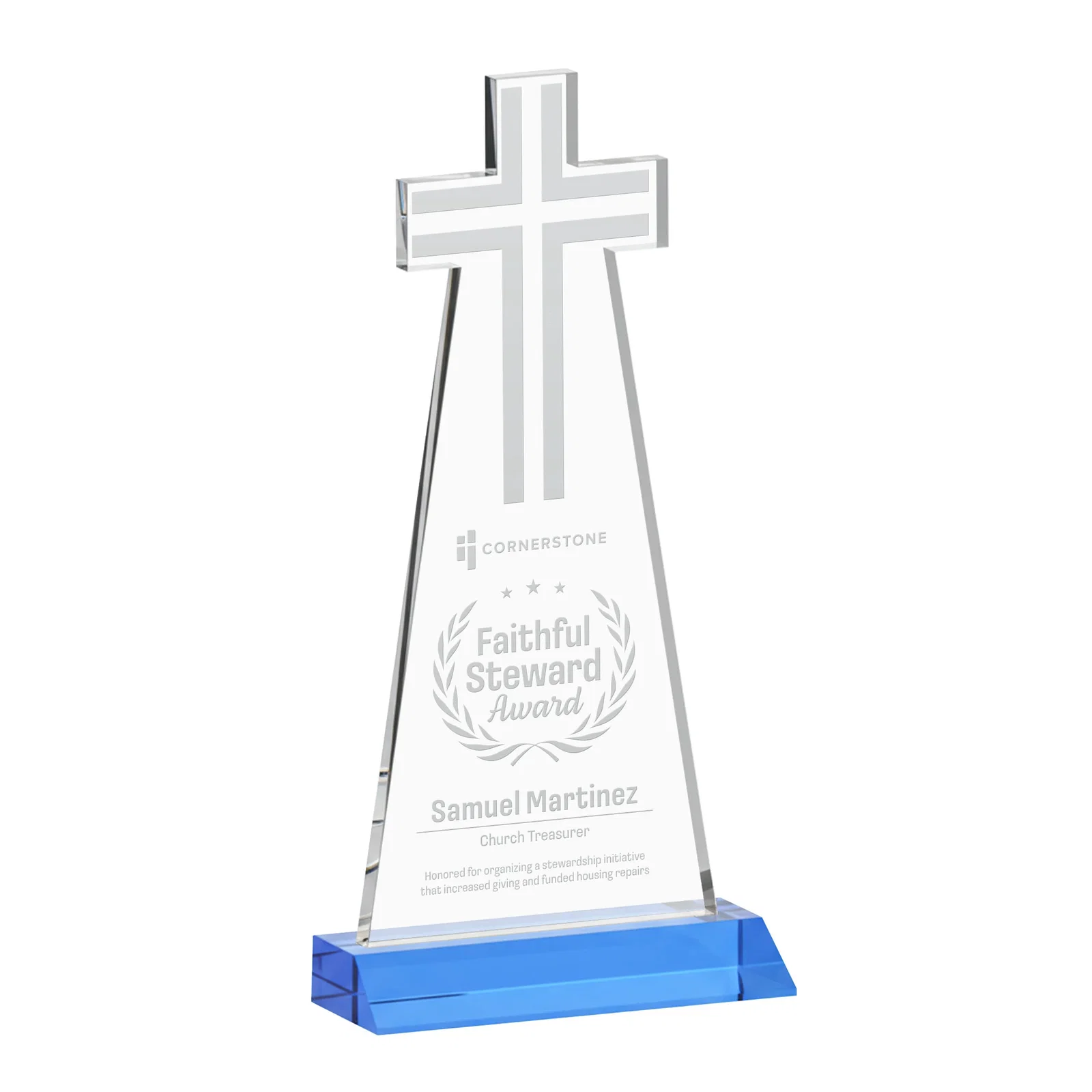 Branded Starfire Crystal Cut-Out Cross Award on Front-Mitered Base for sales achievement awards