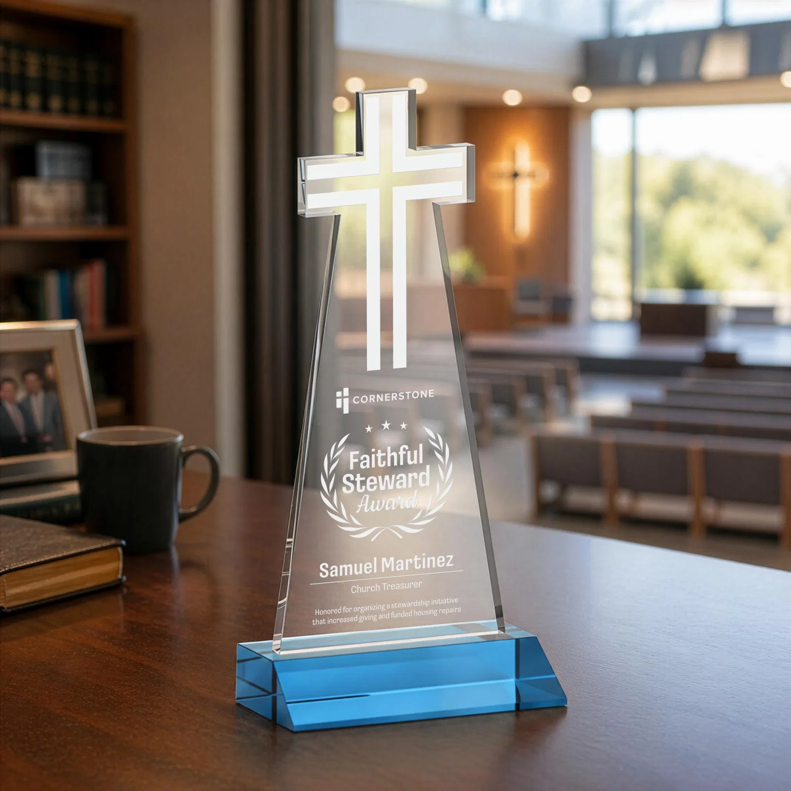 Branded Starfire Crystal Cut-Out Cross Award on Front-Mitered Base for retirement presentations