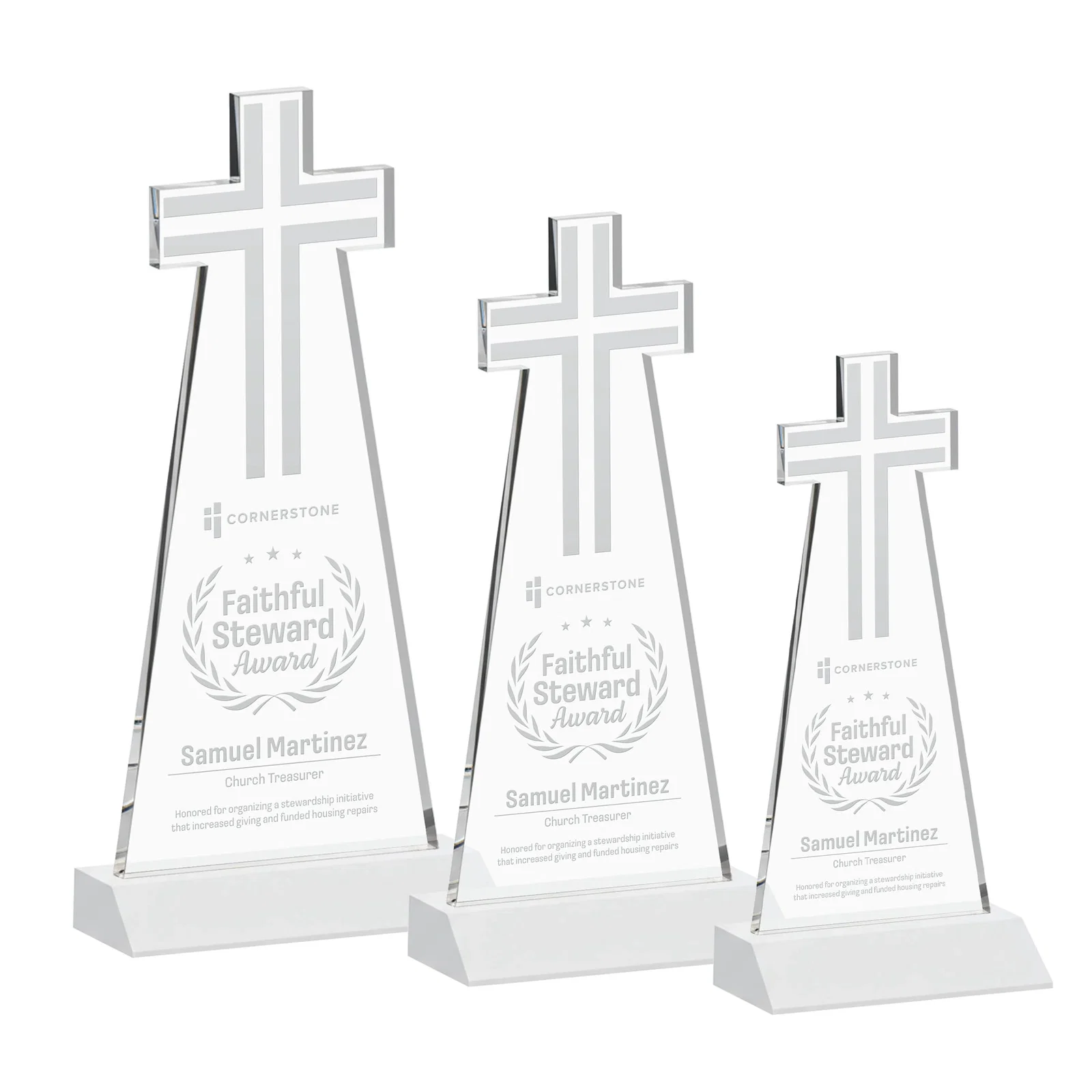 Branded Starfire Crystal Cut-Out Cross Award on Front-Mitered Base for team milestone celebrations