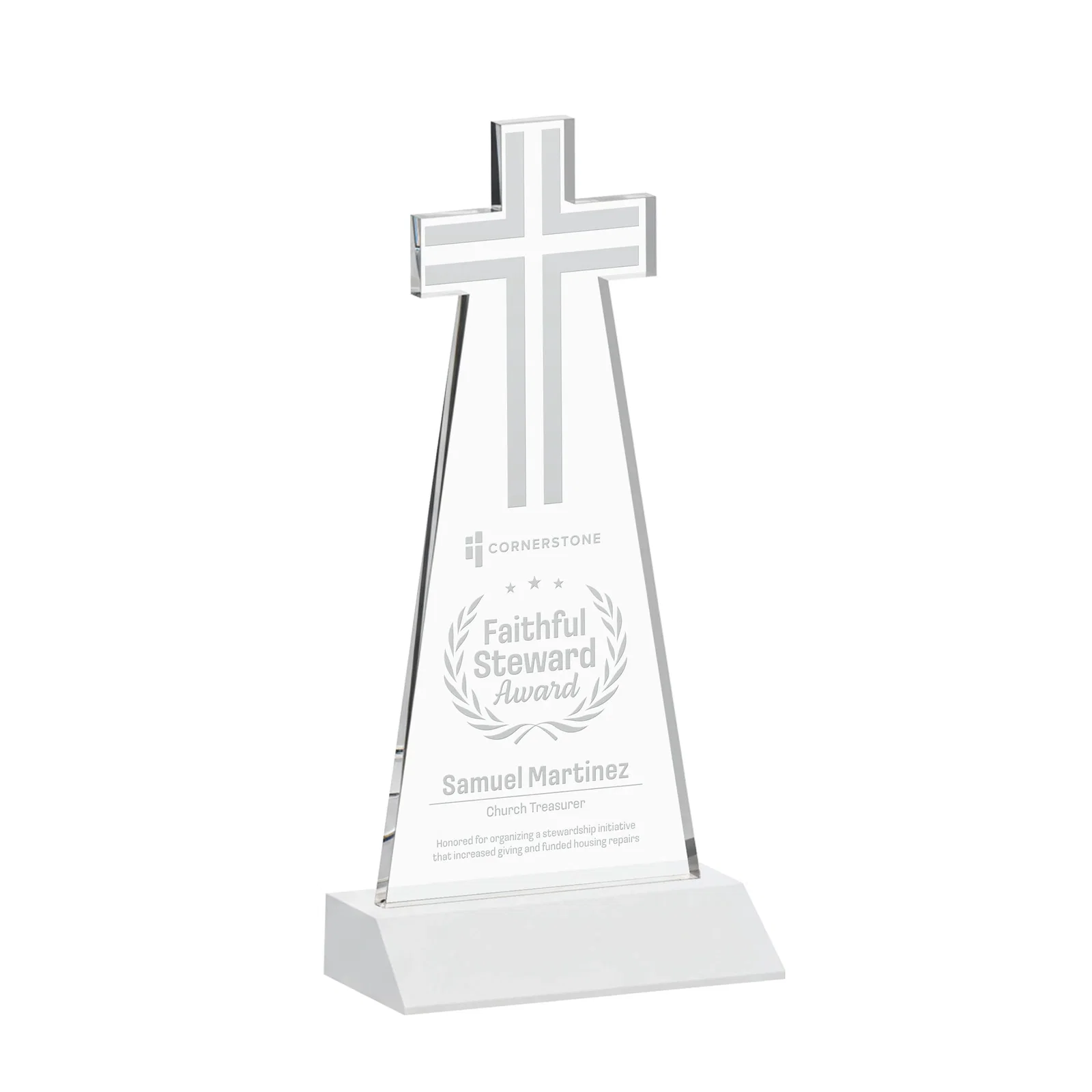 Branded Starfire Crystal Cut-Out Cross Award on Front-Mitered Base for donor appreciation