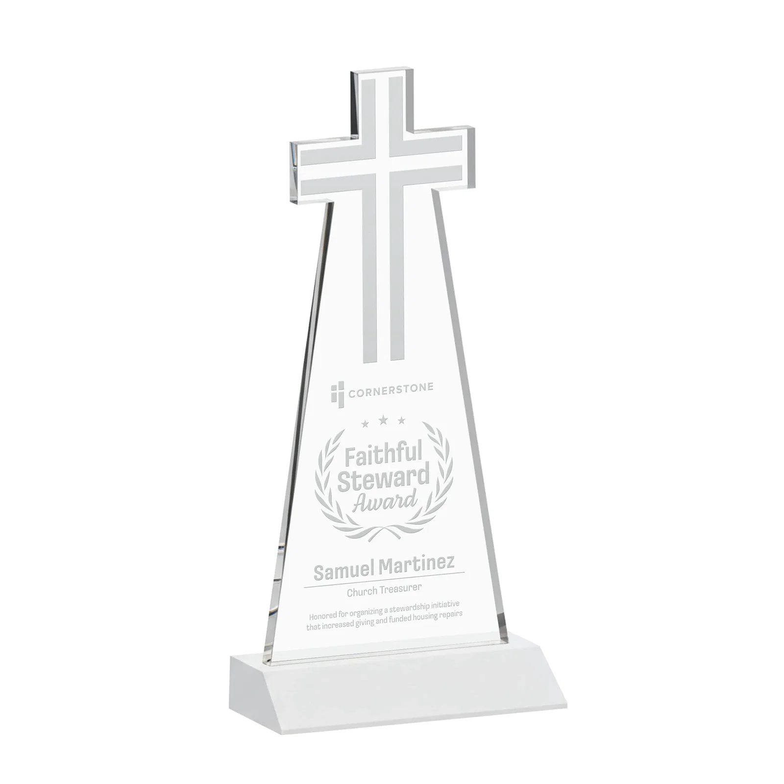 Branded Starfire Crystal Cut-Out Cross Award on Front-Mitered Base for graduation ceremonies