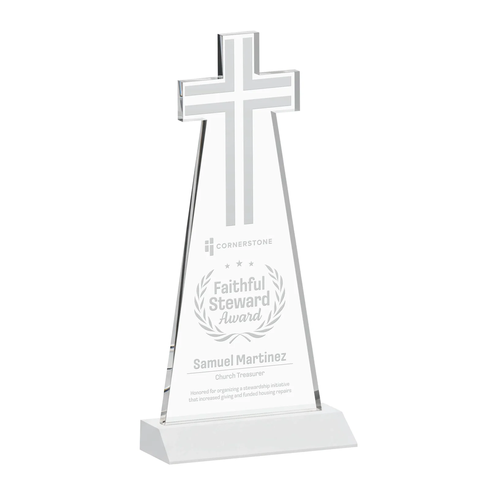 Branded Starfire Crystal Cut-Out Cross Award on Front-Mitered Base for safety achievement programs
